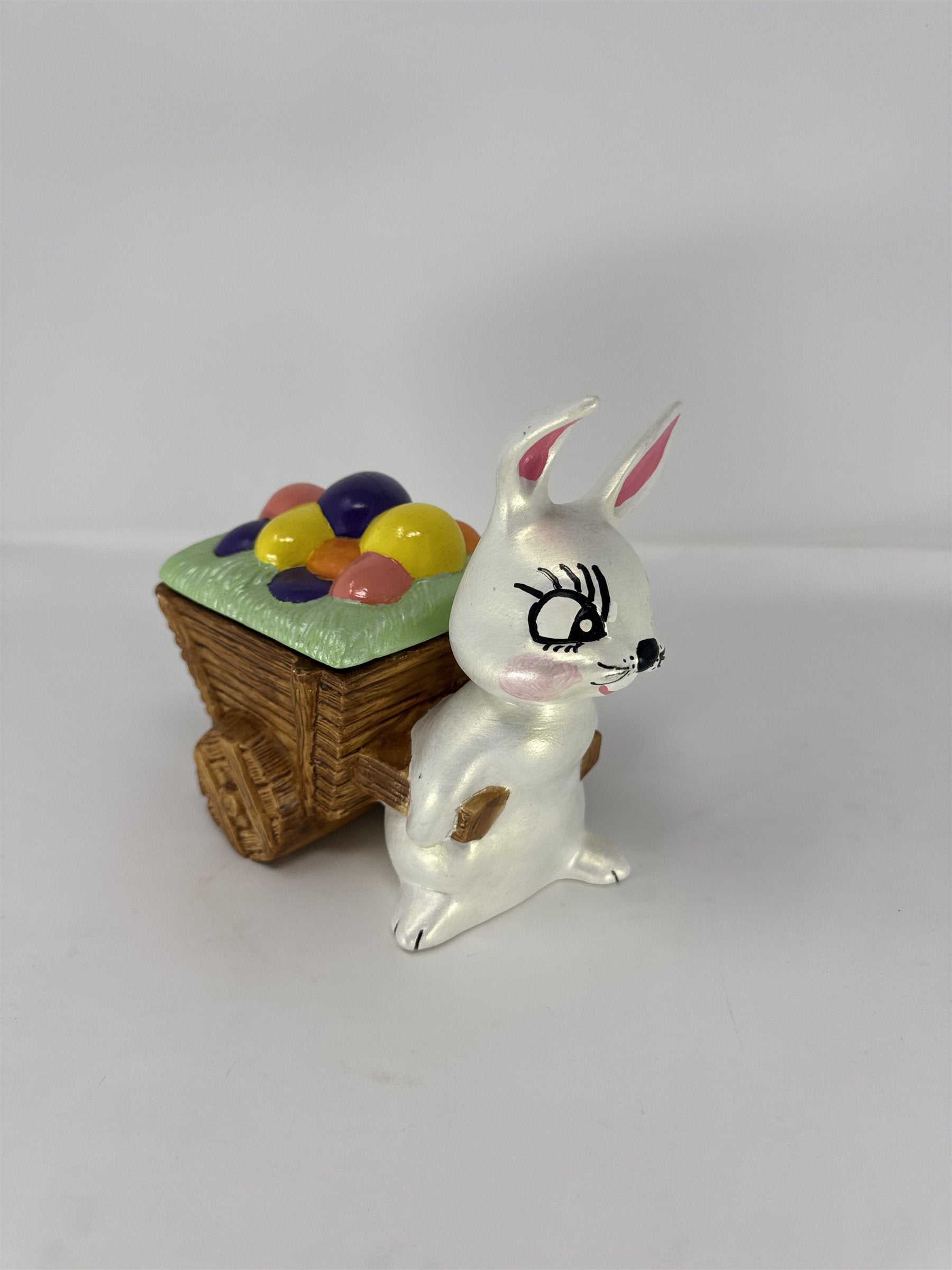 Vintage Easter Bunny Ceramic Cart Trinket Box Figurine Candy Dish Planter 6"