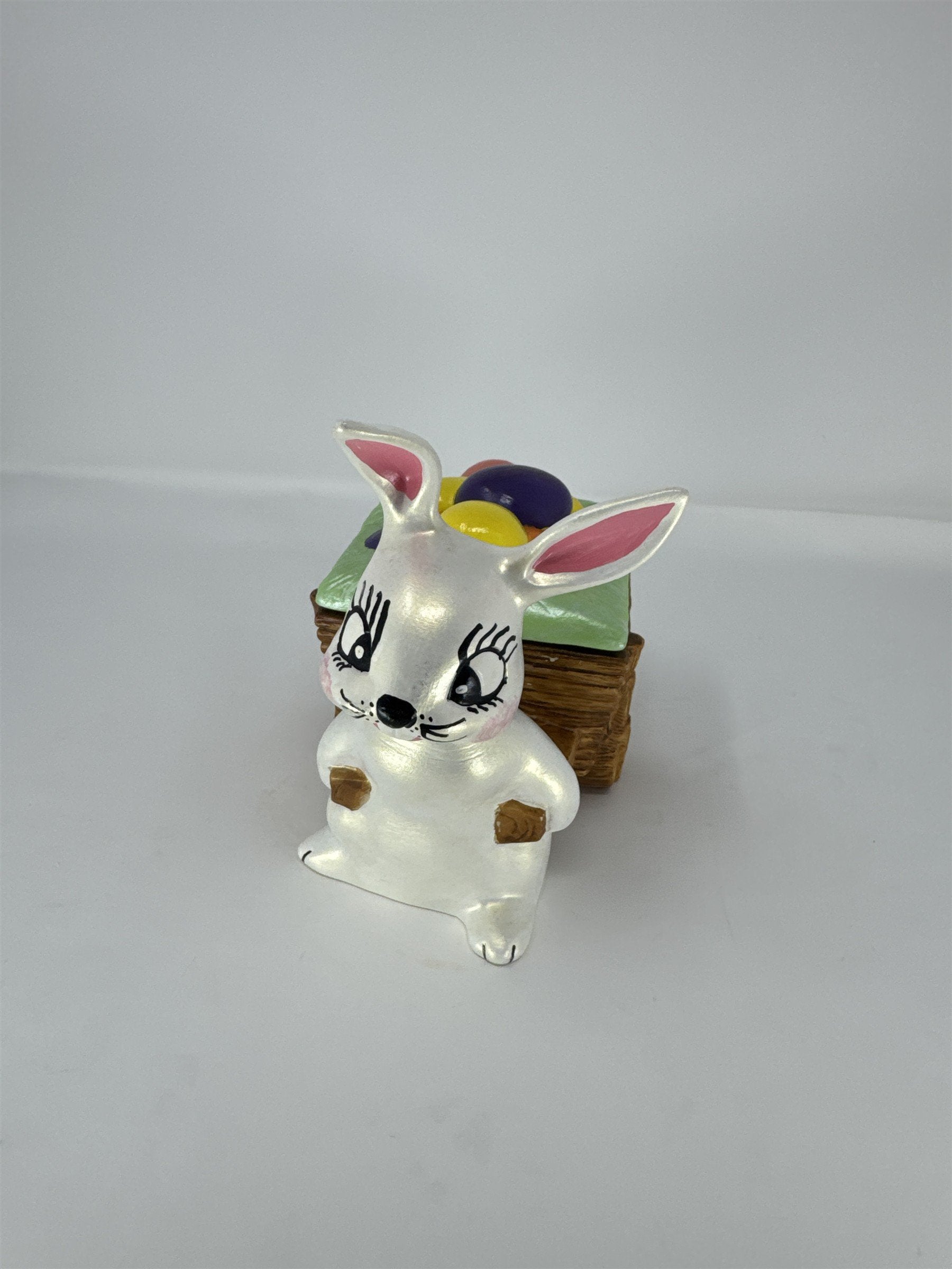Vintage Easter Bunny Ceramic Cart Trinket Box Figurine Candy Dish Planter 6"
