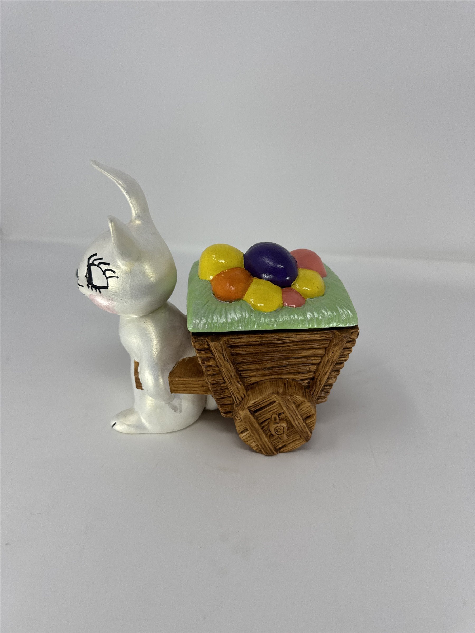 Vintage Easter Bunny Ceramic Cart Trinket Box Figurine Candy Dish Planter 6"