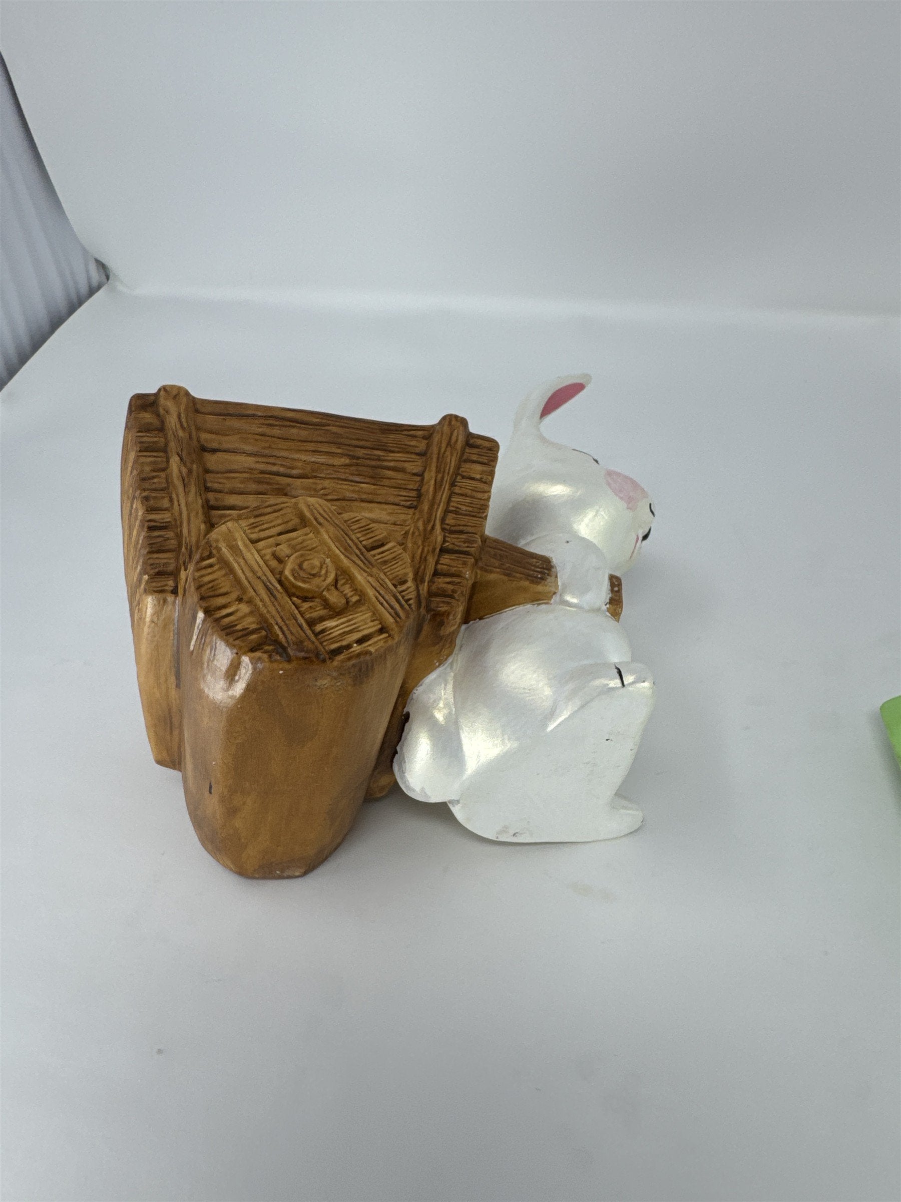 Vintage Easter Bunny Ceramic Cart Trinket Box Figurine Candy Dish Planter 6"