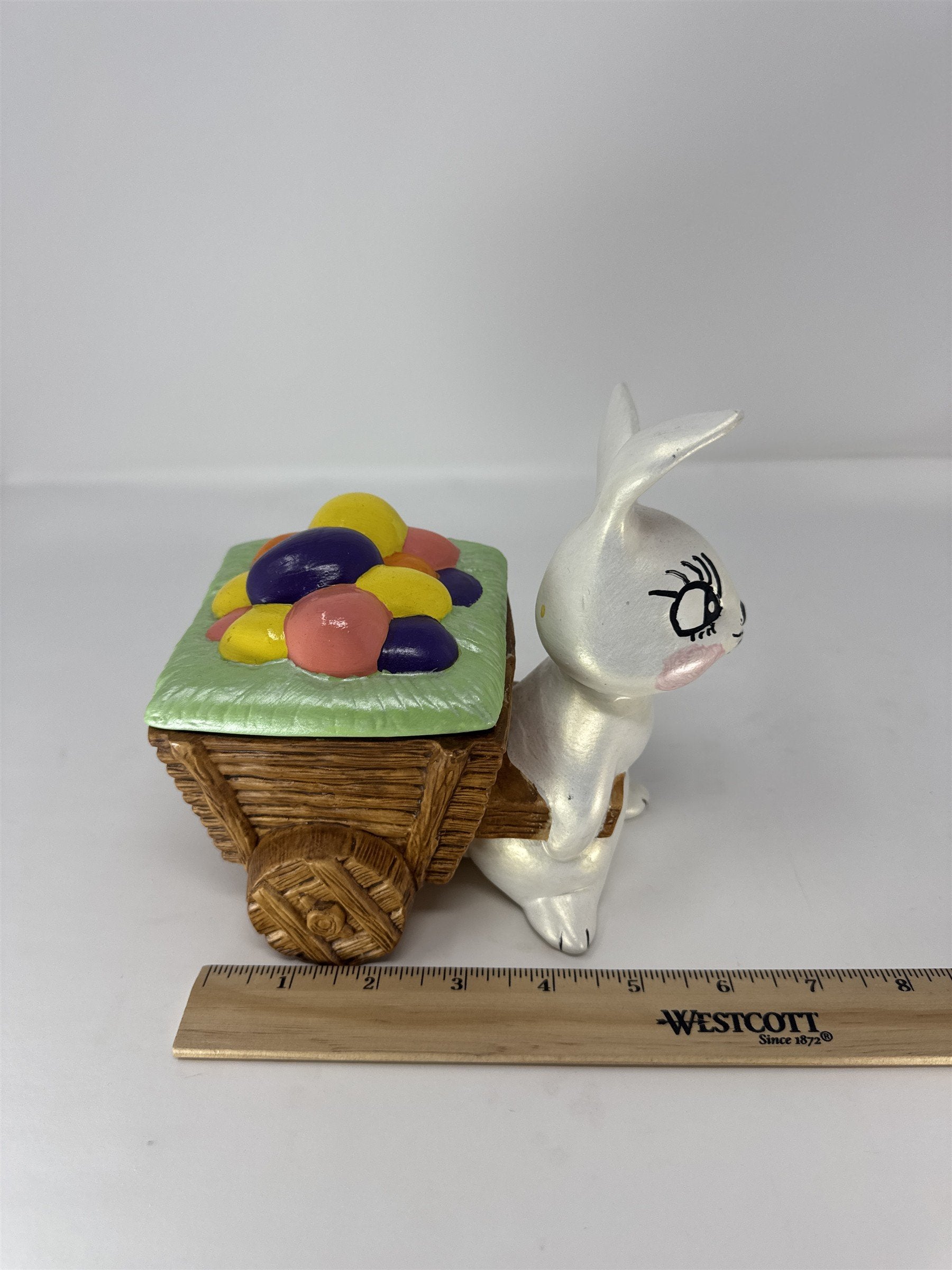 Vintage Easter Bunny Ceramic Cart Trinket Box Figurine Candy Dish Planter 6"