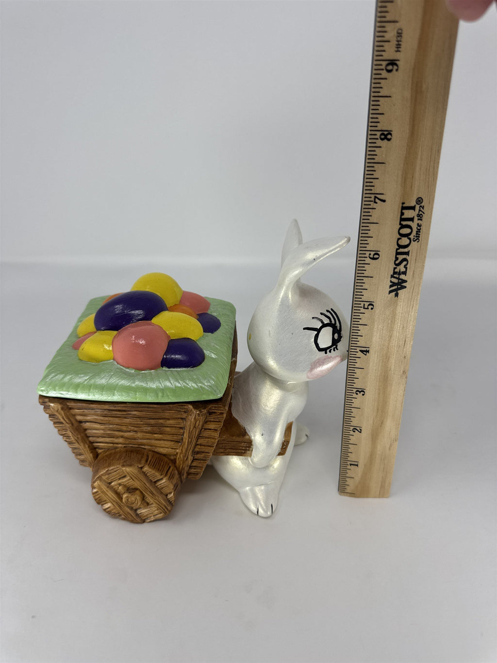 Vintage Easter Bunny Ceramic Cart Trinket Box Figurine Candy Dish Planter 6"