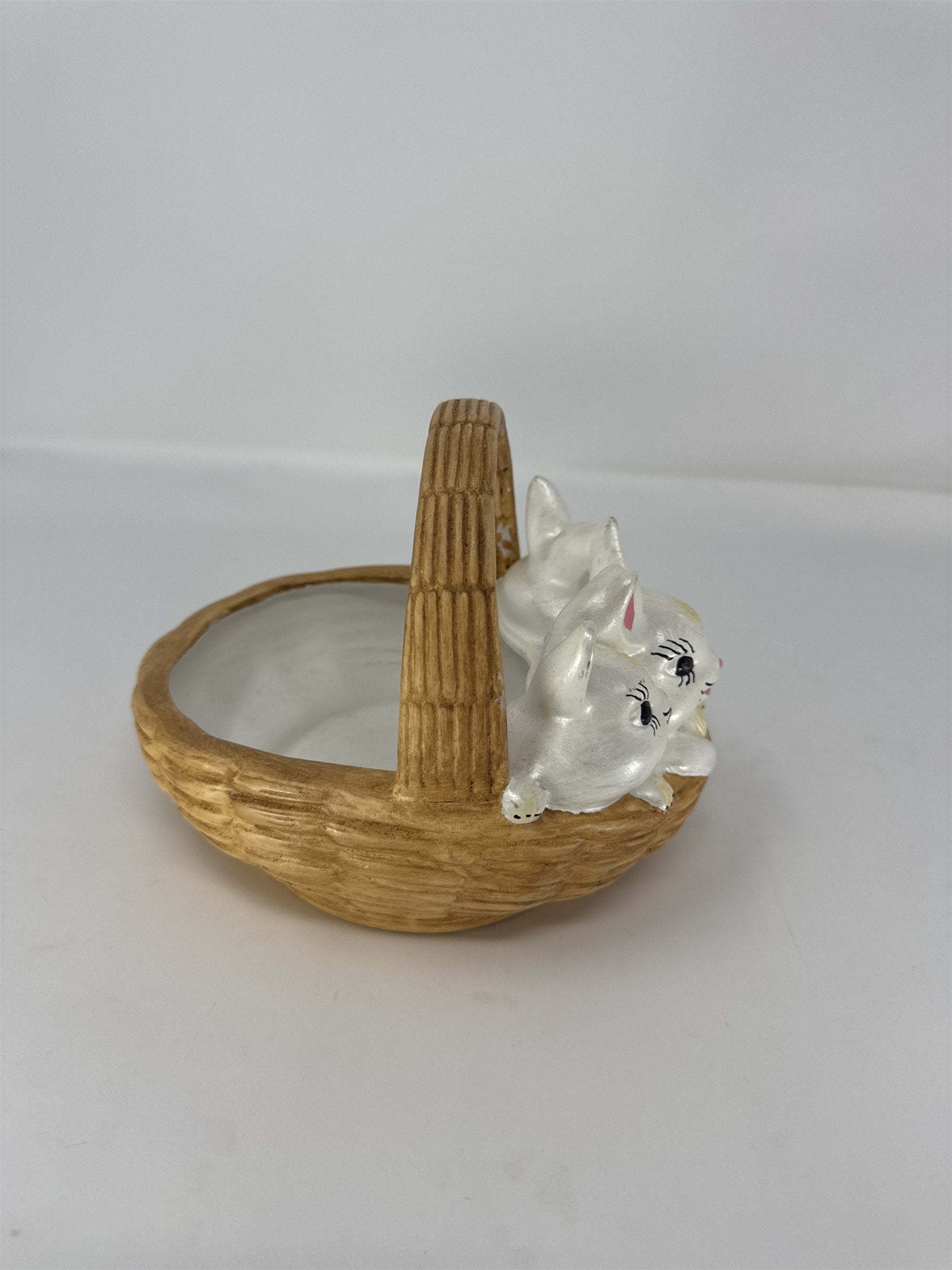 Vintage Easter Bunny Ceramic Basket Figurine Candy Dish Trinket Box 6"