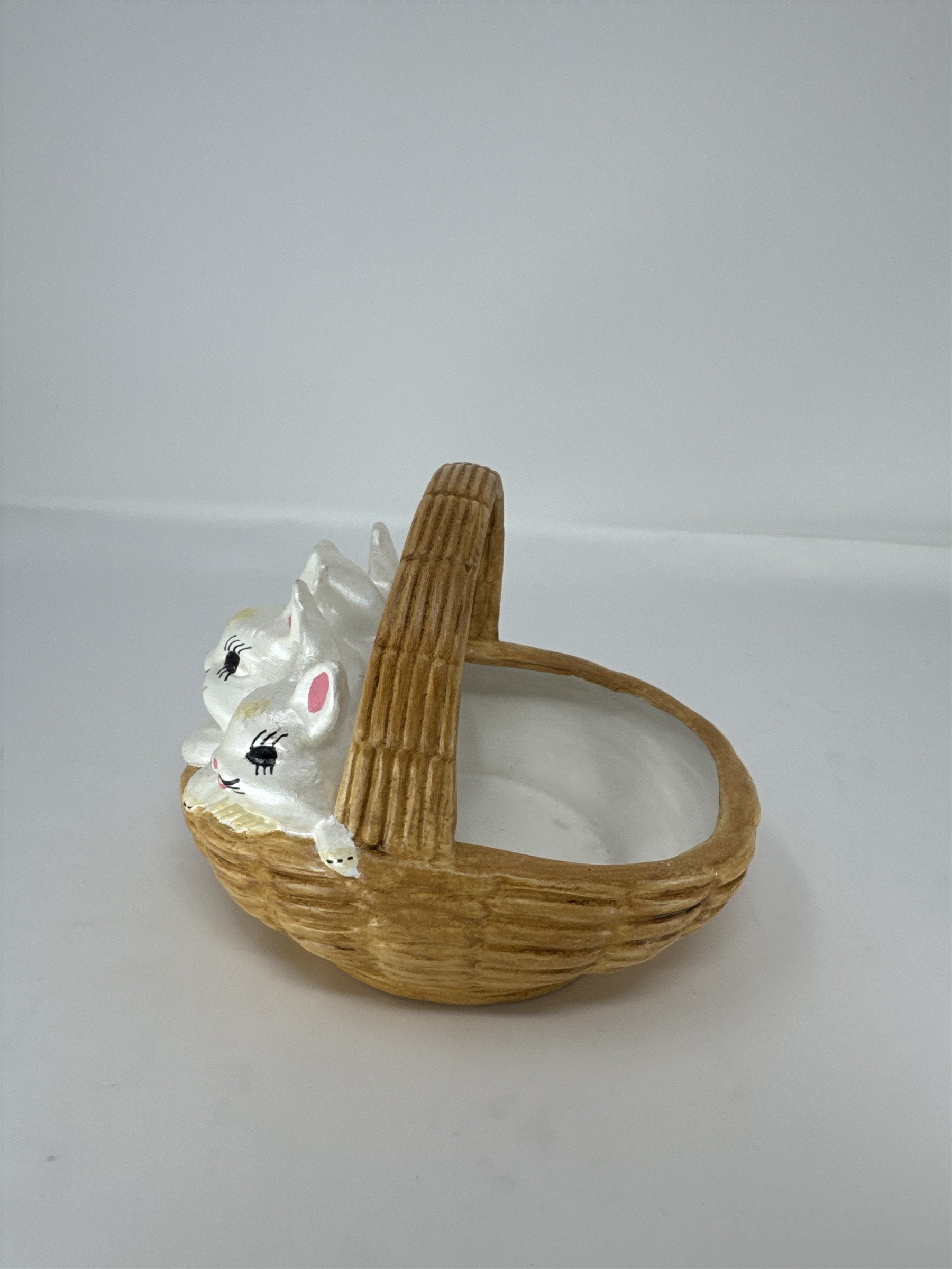Vintage Easter Bunny Ceramic Basket Figurine Candy Dish Trinket Box 6"