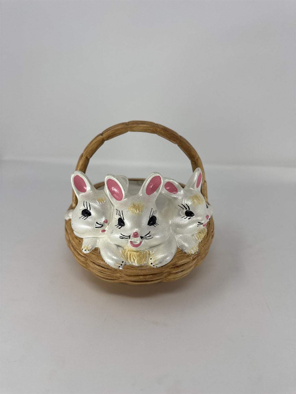 Vintage Atlantic Mold Ceramic Easter Basket Pink Bow Woven Design 6"