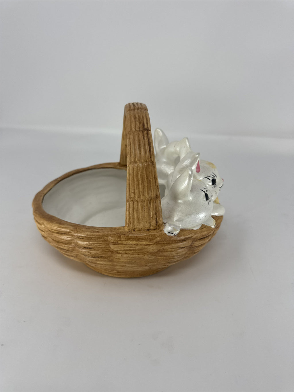 Vintage Atlantic Mold Ceramic Easter Basket Pink Bow Woven Design 6"