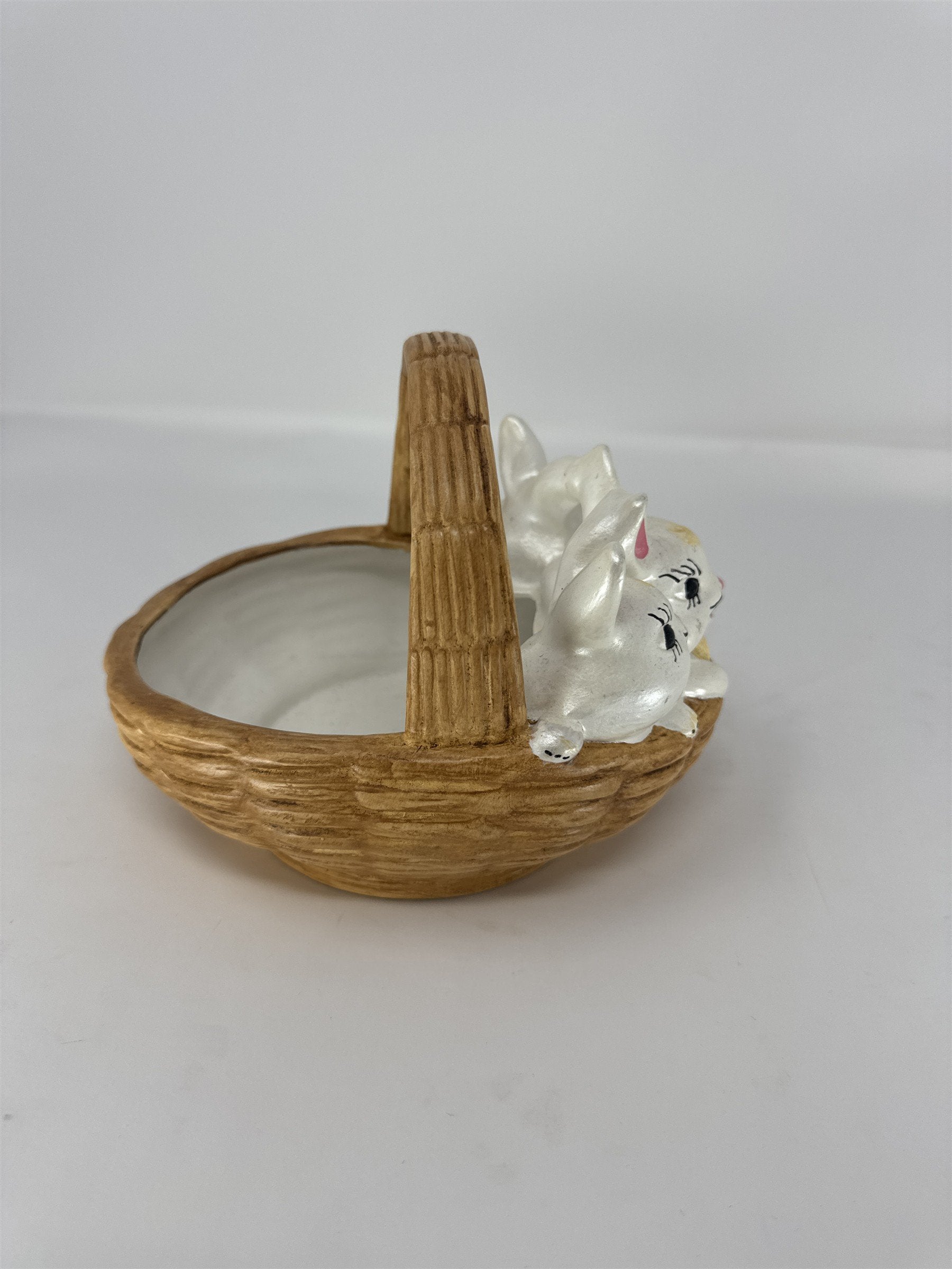 Vintage Atlantic Mold Ceramic Easter Basket Pink Bow Woven Design 6"