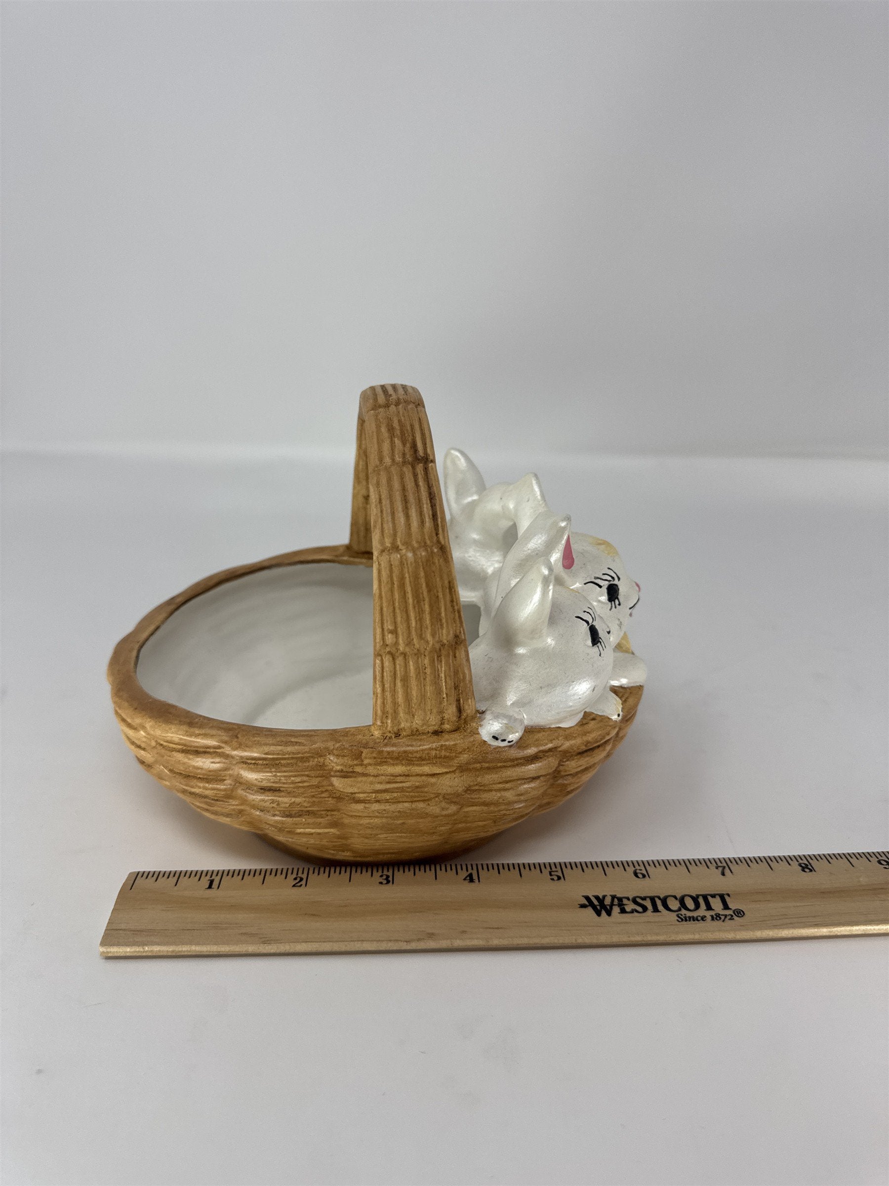 Vintage Atlantic Mold Ceramic Easter Basket Pink Bow Woven Design 6"