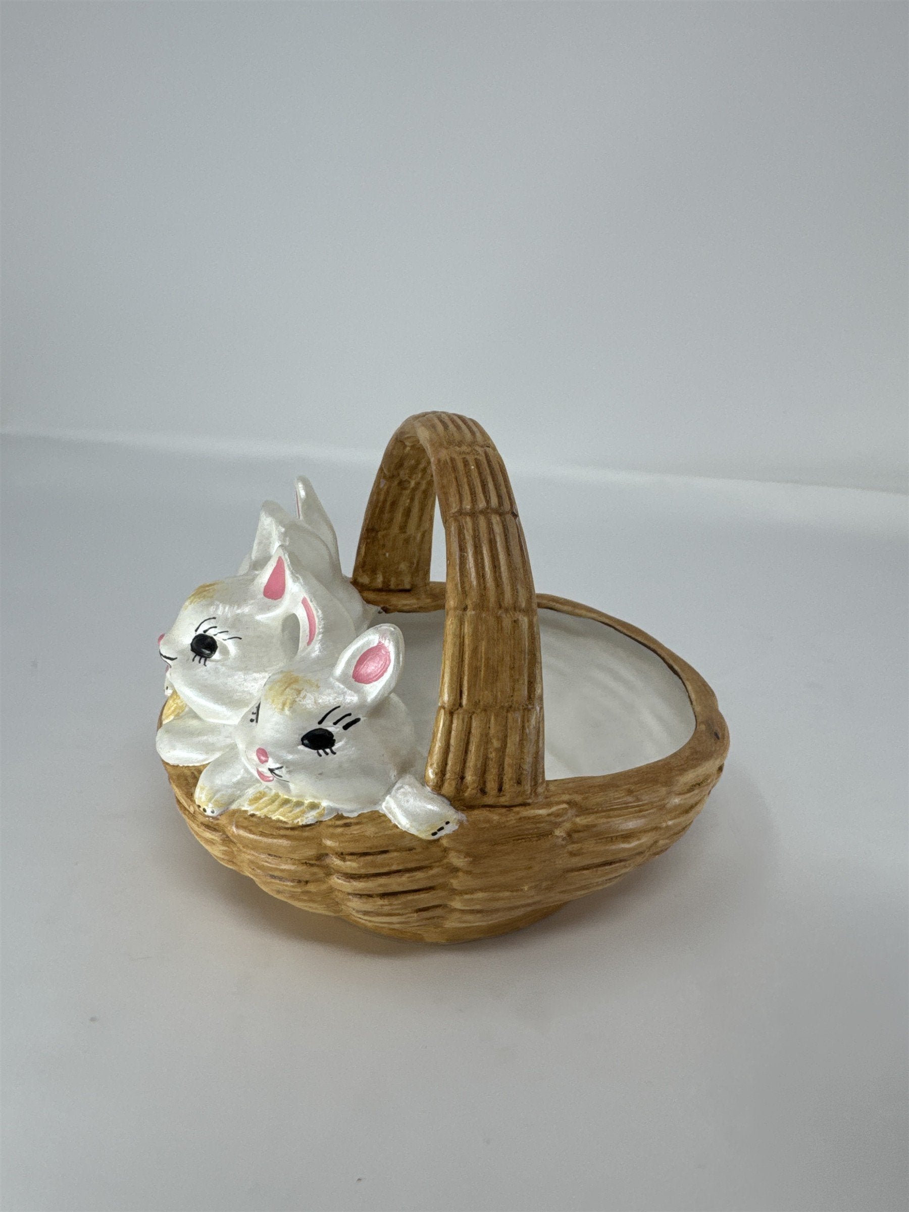 Vintage Atlantic Mold Ceramic Easter Basket Pink Bow Woven Design 6"