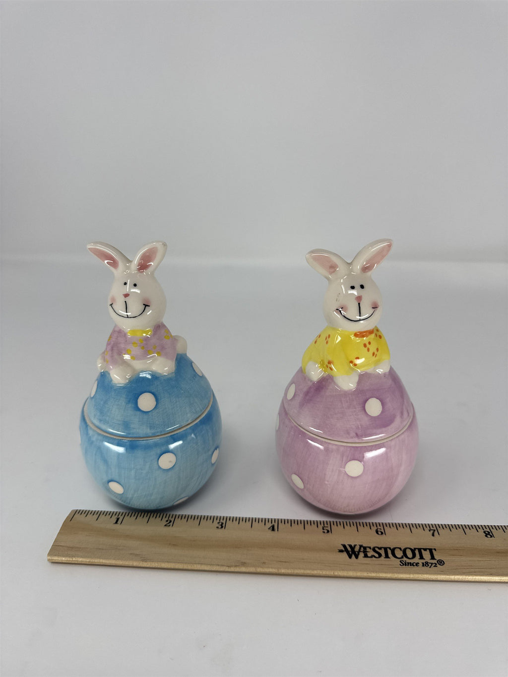 Vintage Easter Bunny Figurine Pair Mid Century Modern Bunny Suits Kitsch 5"