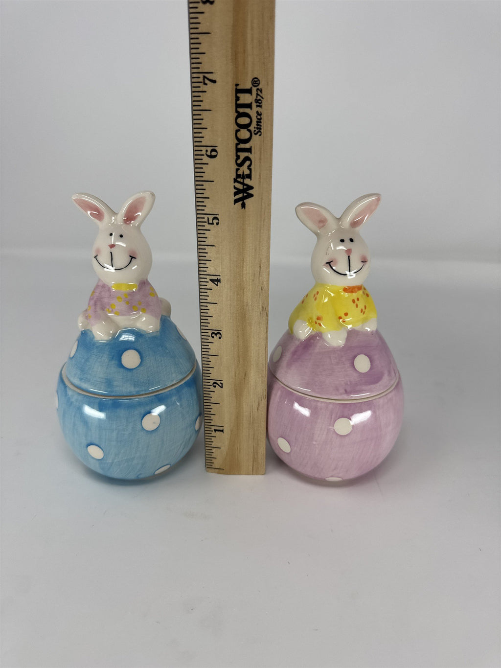 Vintage Easter Bunny Figurine Pair Mid Century Modern Bunny Suits Kitsch 5"