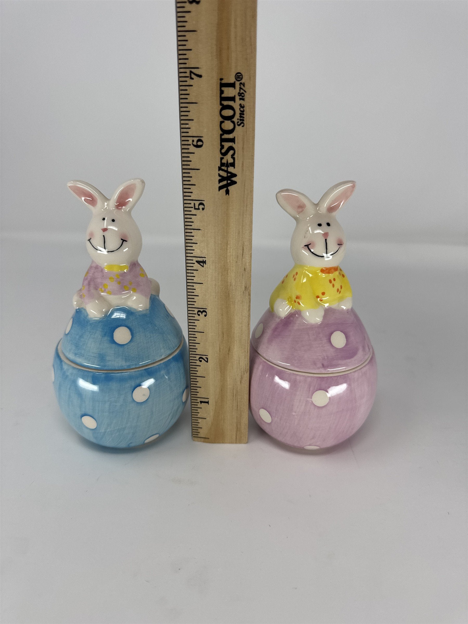 Vintage Easter Bunny Figurine Pair Mid Century Modern Bunny Suits Kitsch 5"