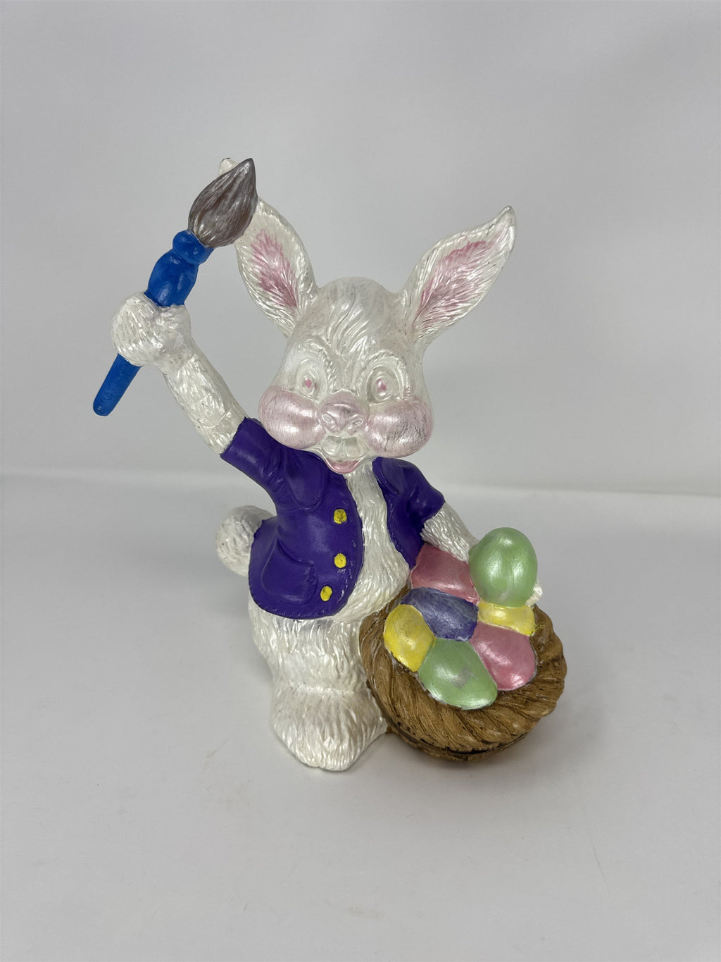 Vintage Ceramic Easter Bunny Figurine Painting Eggs in Basket Kitsch Atlantic Mo