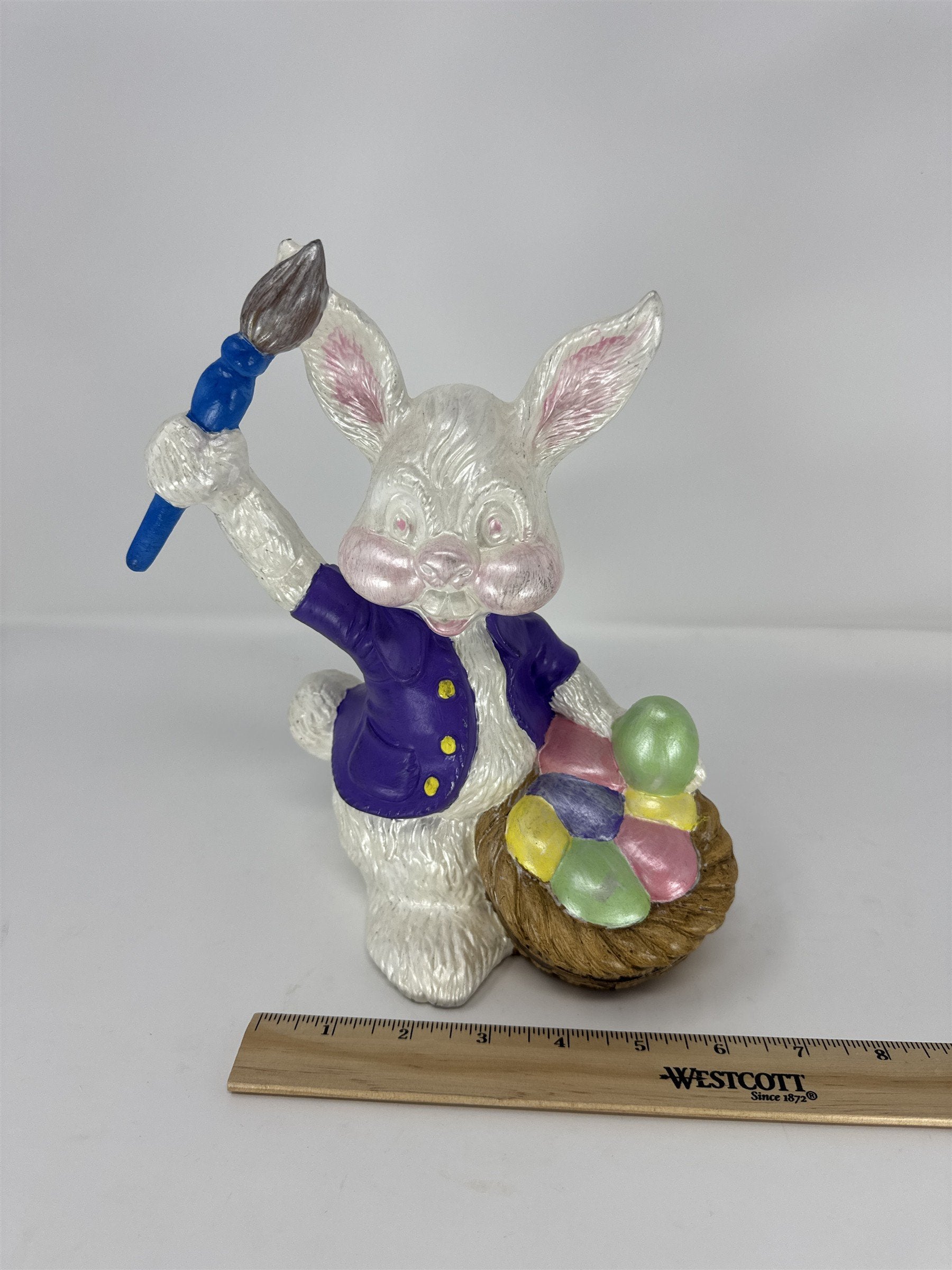 Vintage Ceramic Easter Bunny Figurine Painting Eggs in Basket Kitsch Atlantic Mo