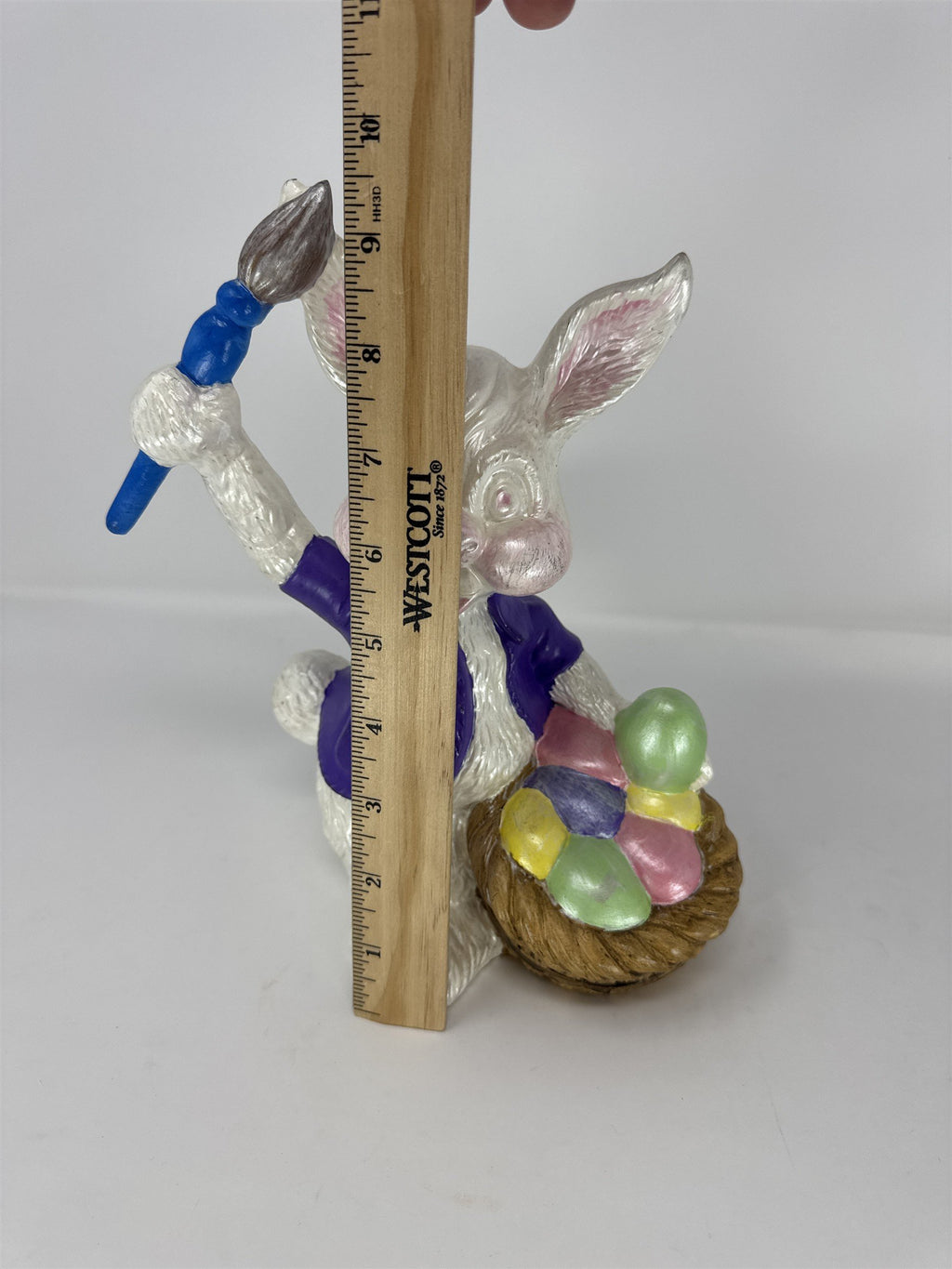 Vintage Ceramic Easter Bunny Figurine Painting Eggs in Basket Kitsch Atlantic Mo