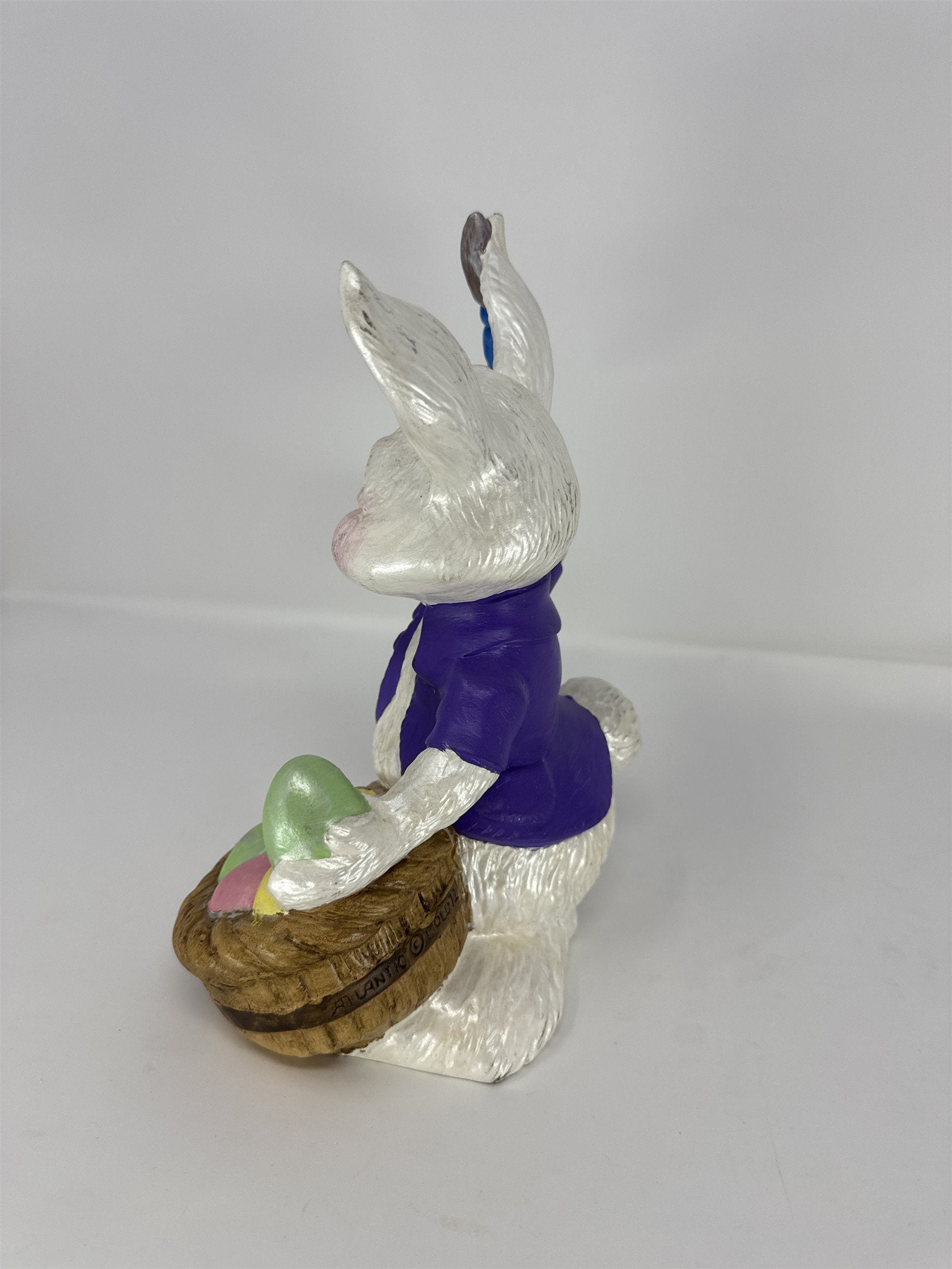 Vintage Ceramic Easter Bunny Figurine Painting Eggs in Basket Kitsch Atlantic Mo