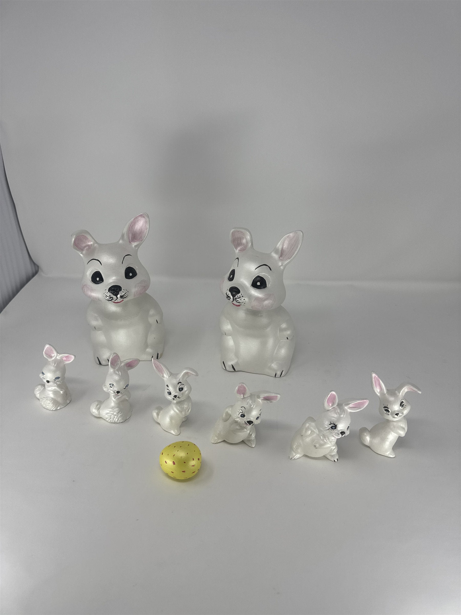 Vtg Iridescent Ceramic Easter Bunny Family Set 9pc Pearlescent White Pink