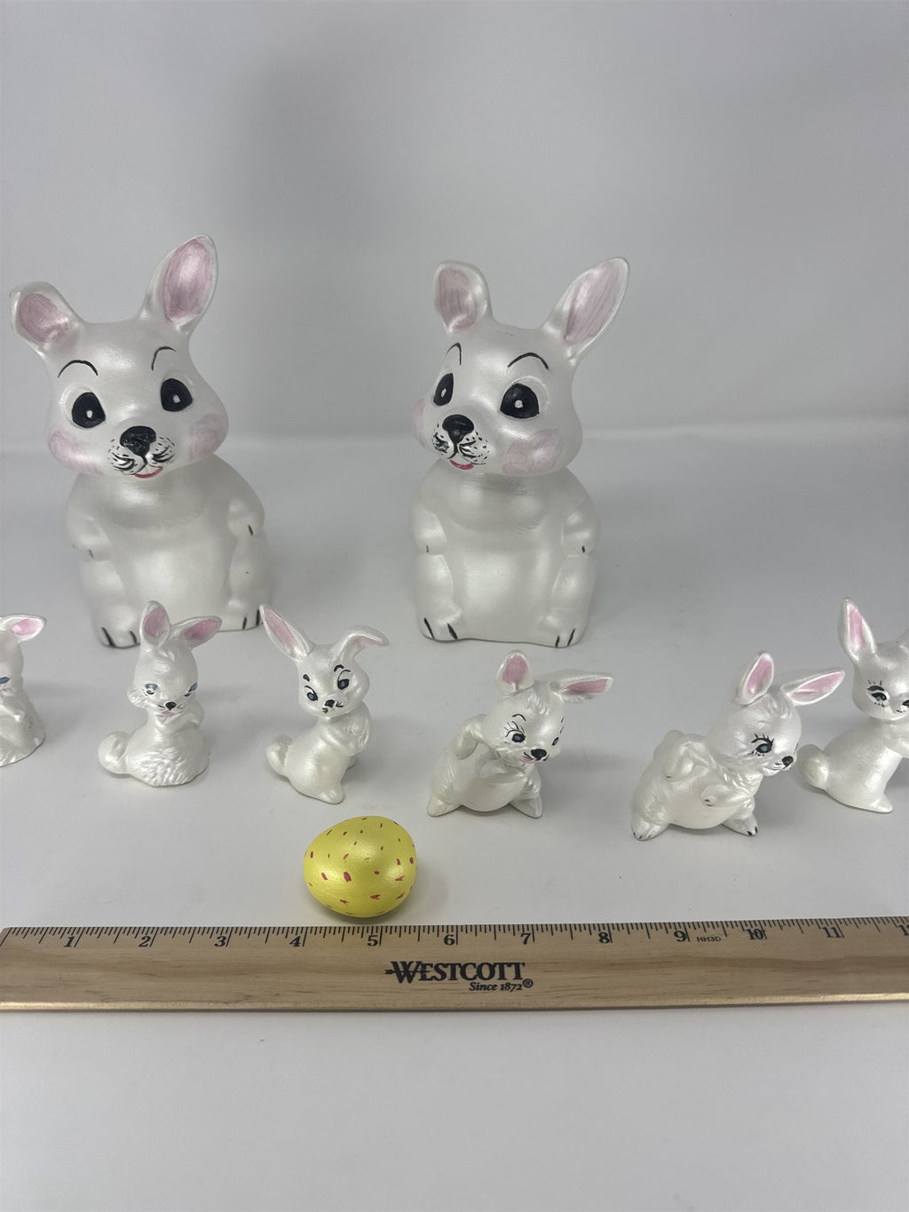 Vtg Iridescent Ceramic Easter Bunny Family Set 9pc Pearlescent White Pink