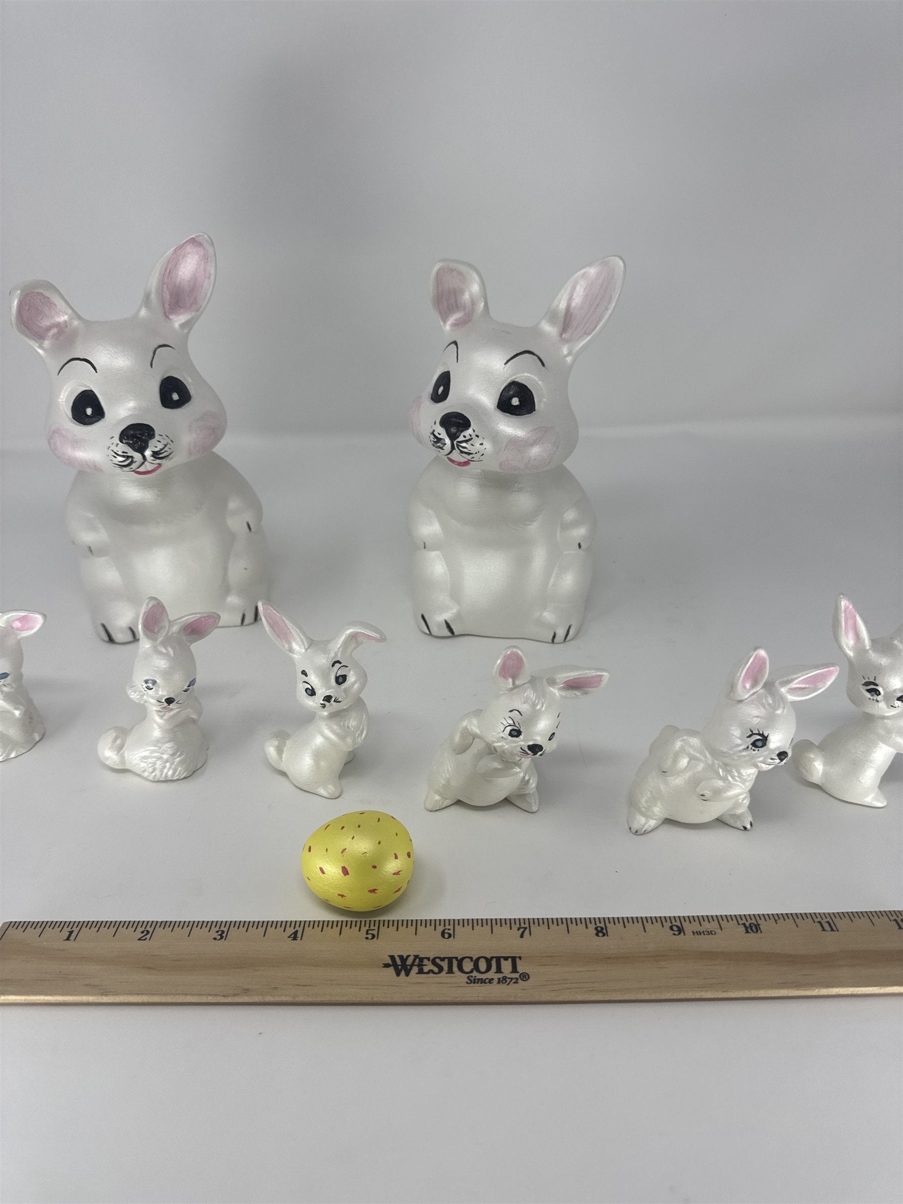 Vtg Iridescent Ceramic Easter Bunny Family Set 9pc Pearlescent White Pink