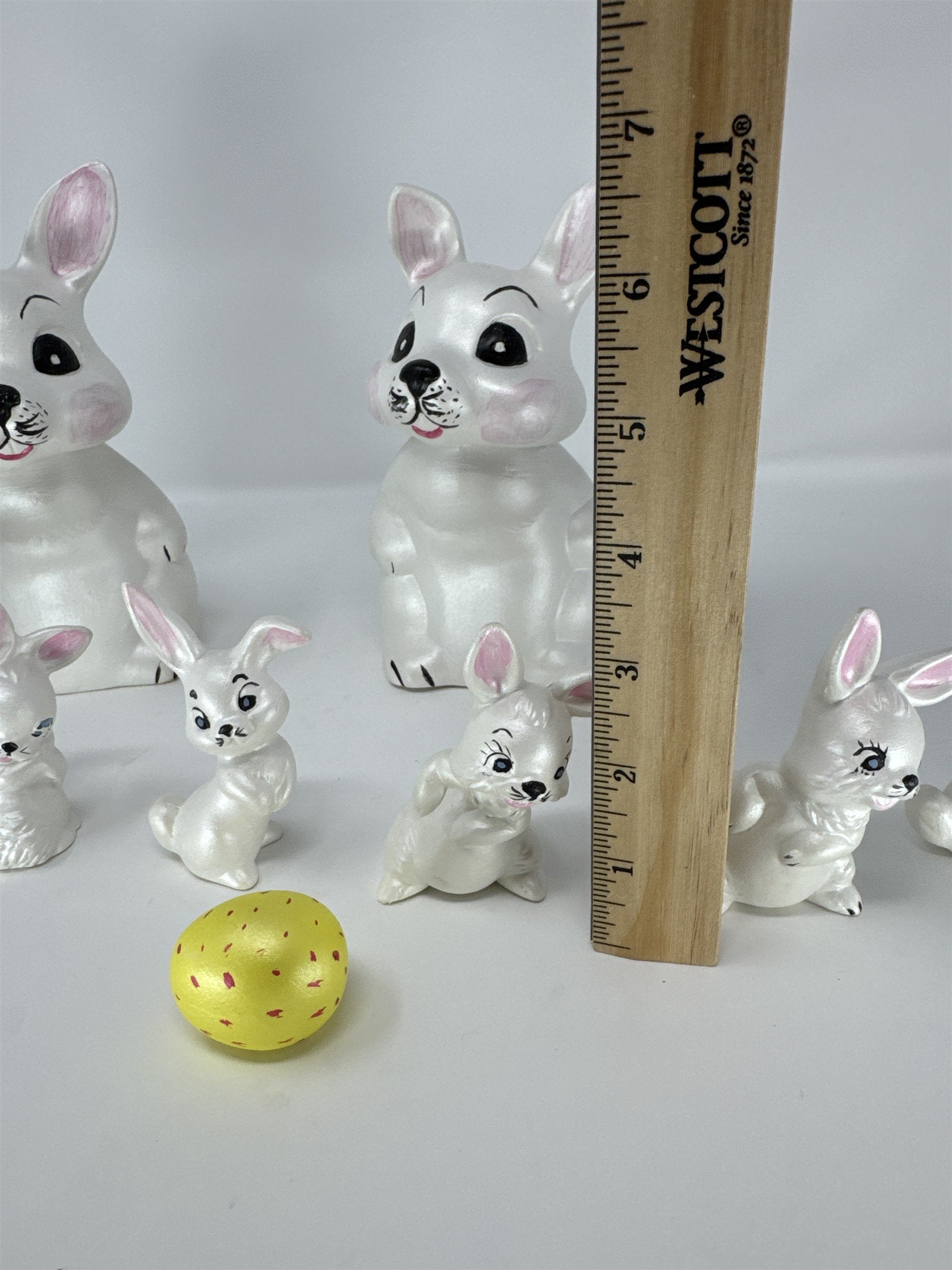 Vtg Iridescent Ceramic Easter Bunny Family Set 9pc Pearlescent White Pink