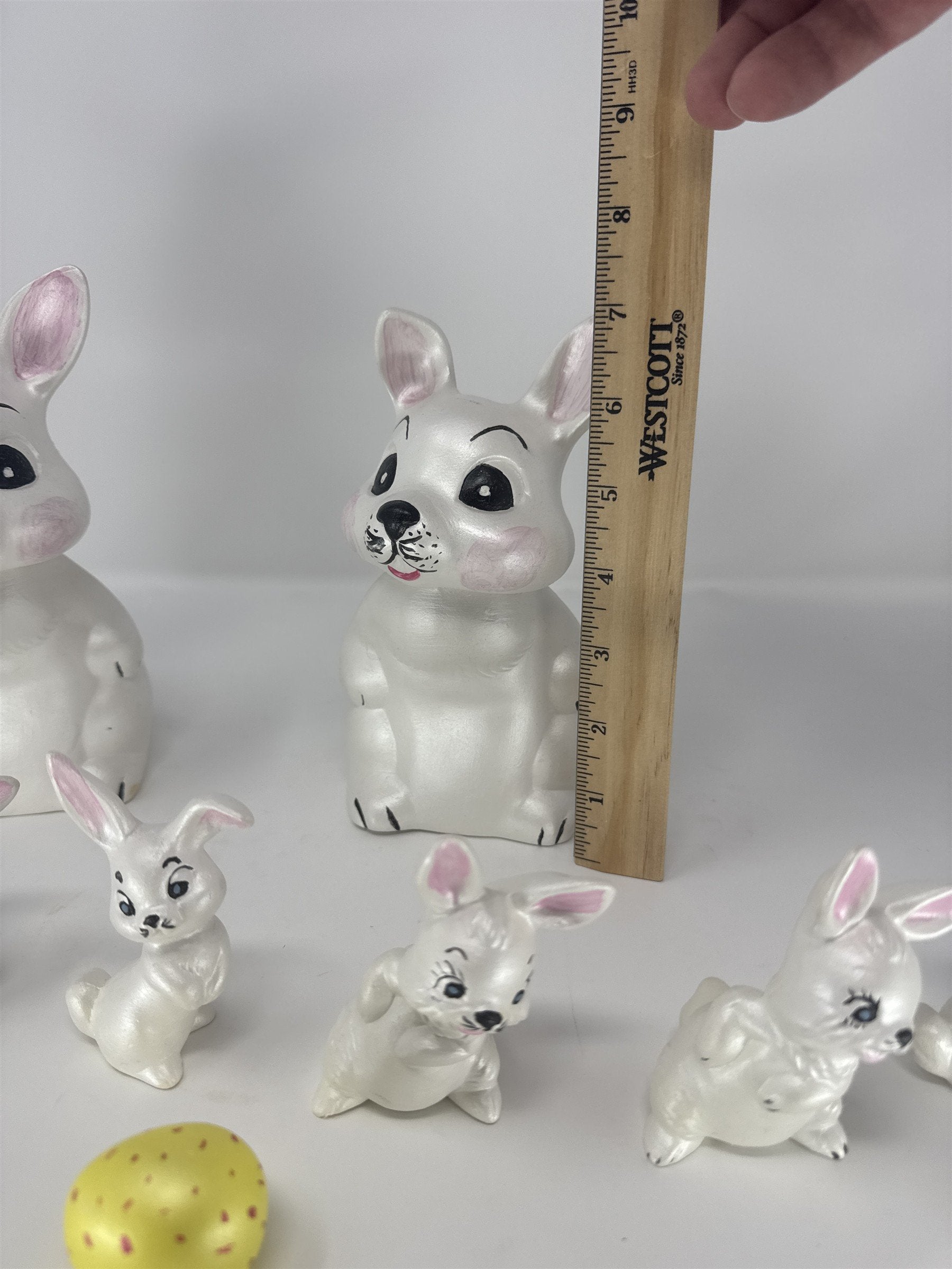 Vtg Iridescent Ceramic Easter Bunny Family Set 9pc Pearlescent White Pink