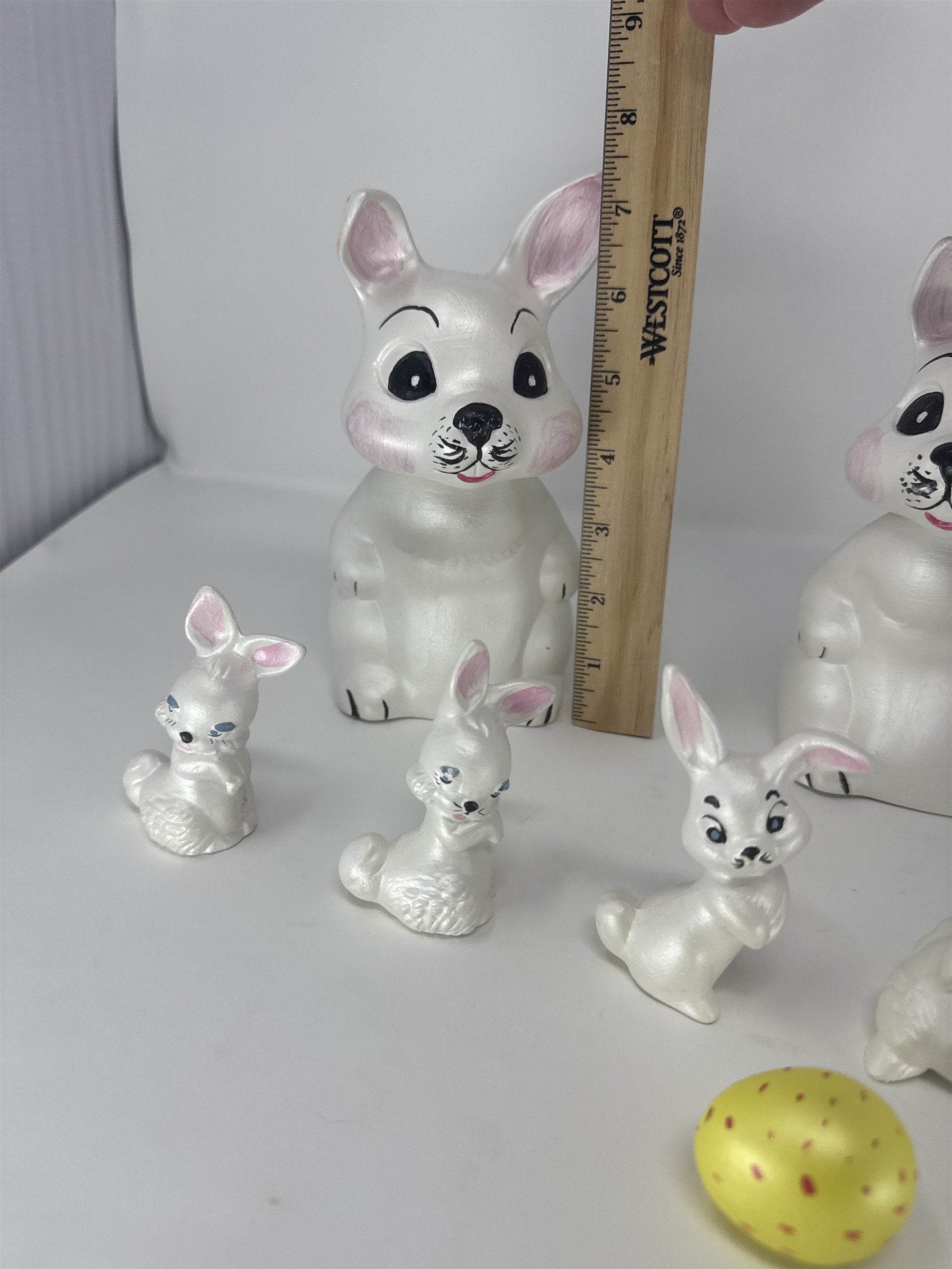 Vtg Iridescent Ceramic Easter Bunny Family Set 9pc Pearlescent White Pink