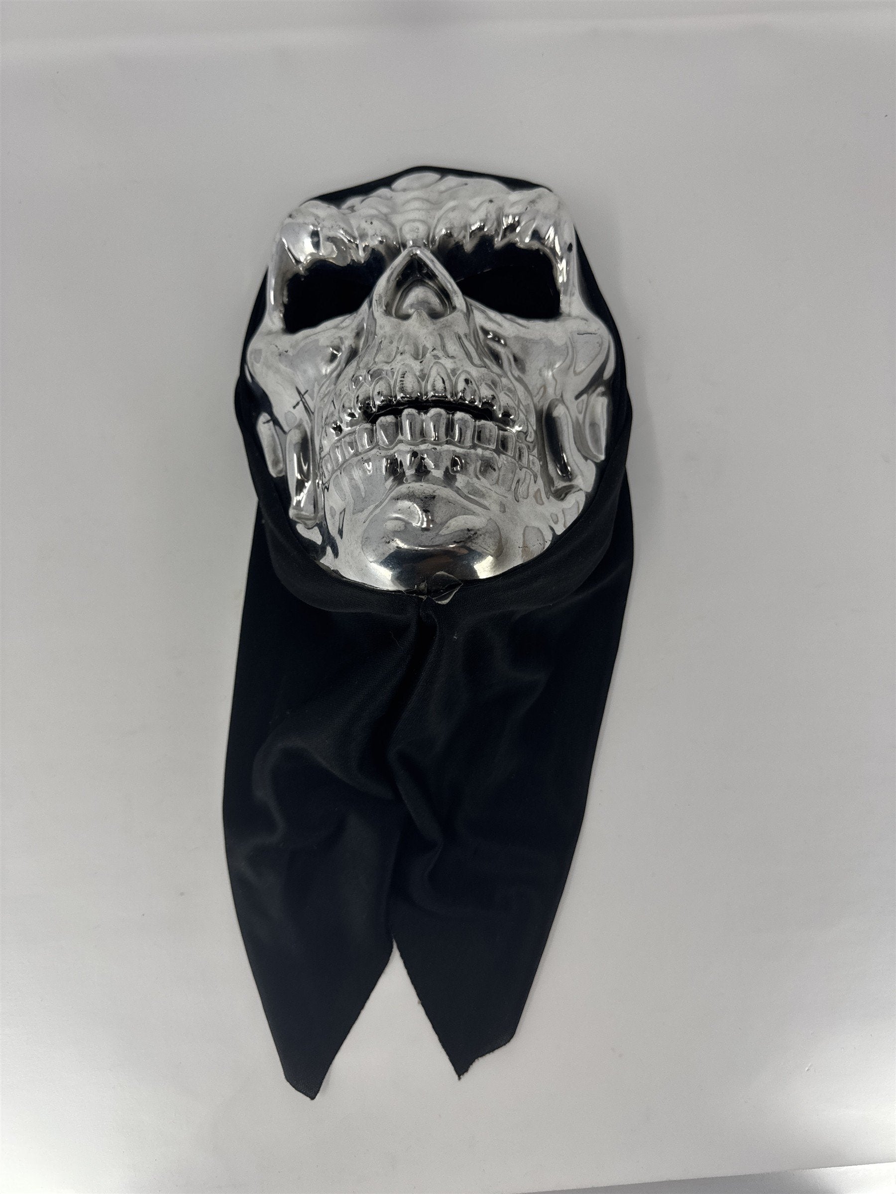 Chrome Silver Metallic Skull Mask Black Hood Halloween Costume Reaper Prop Vtg