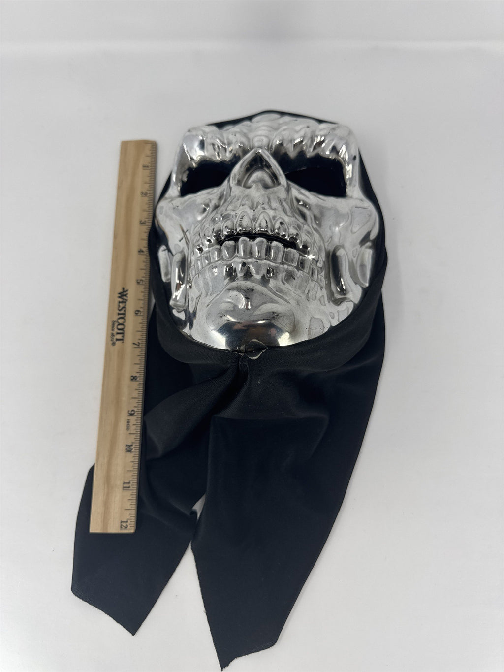 Chrome Silver Metallic Skull Mask Black Hood Halloween Costume Reaper Prop Vtg