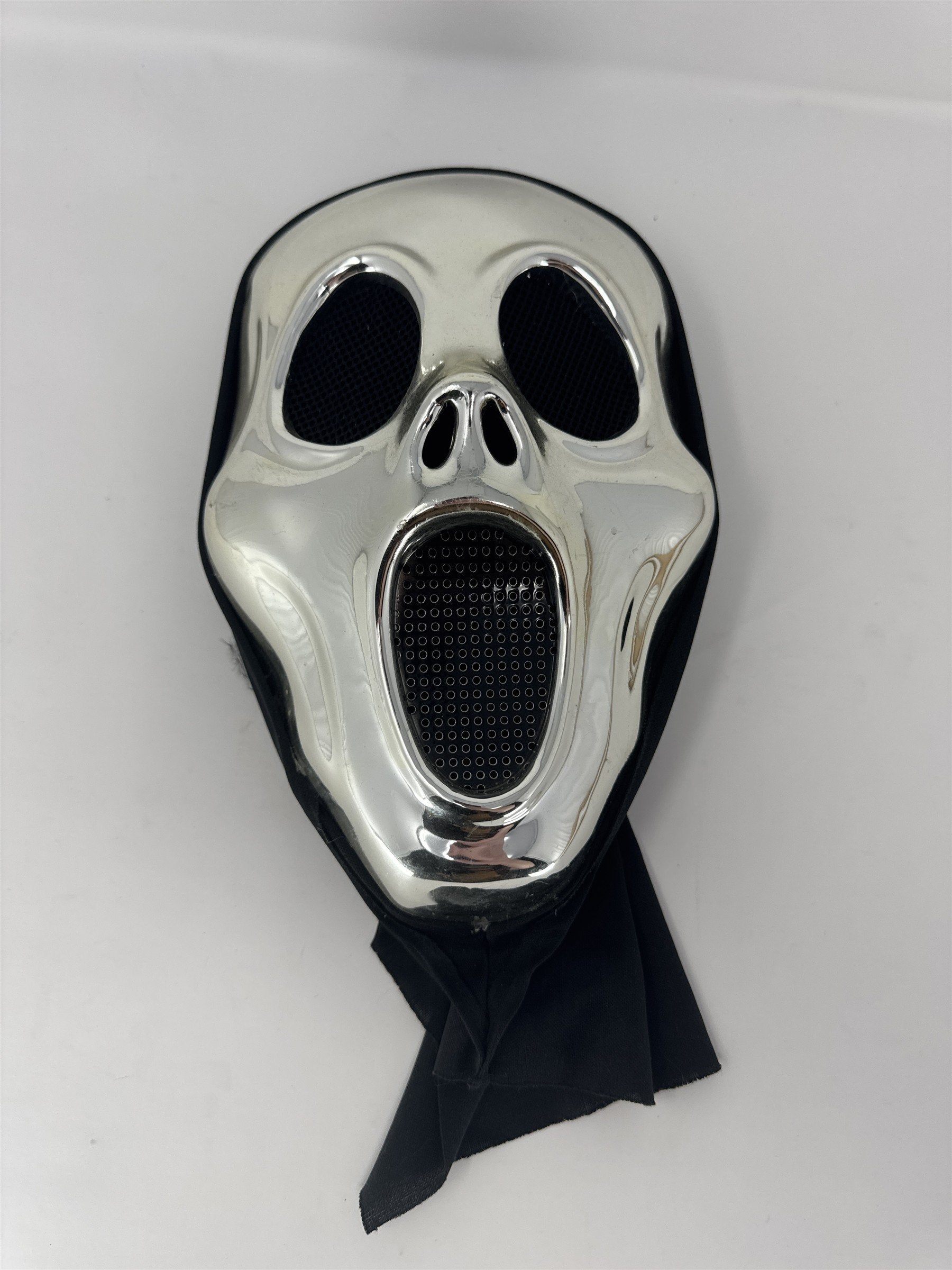 Silver Chrome Scream Mask Metallic Ghost Face Halloween Costume Black Hood