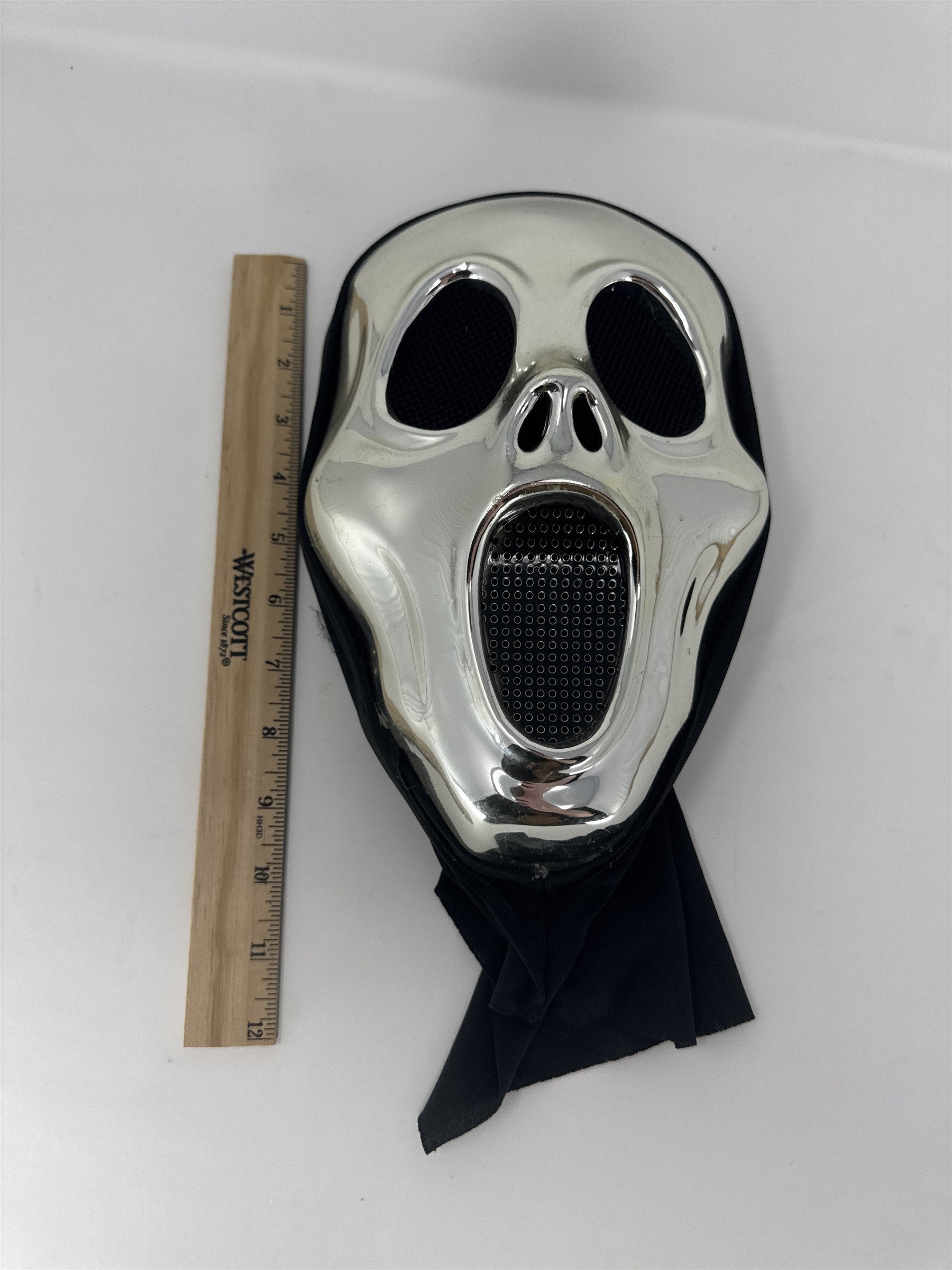 Silver Chrome Scream Mask Metallic Ghost Face Halloween Costume Black Hood