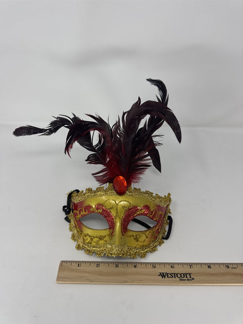 Gold Red Masquerade Mask Women Feather Gemstone Eye Mask Ball Party Costume 6"