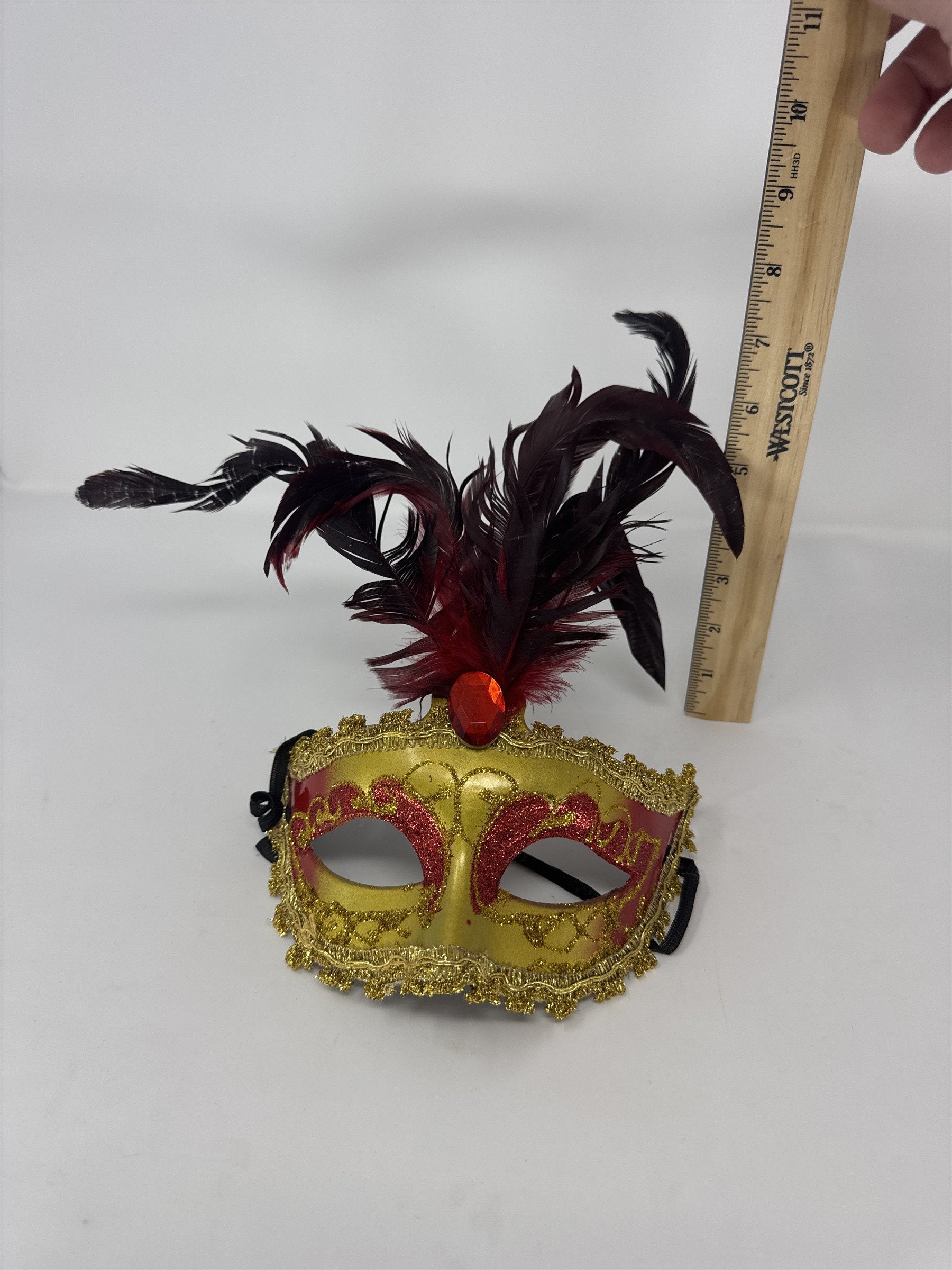 Gold Red Masquerade Mask Women Feather Gemstone Eye Mask Ball Party Costume 6"