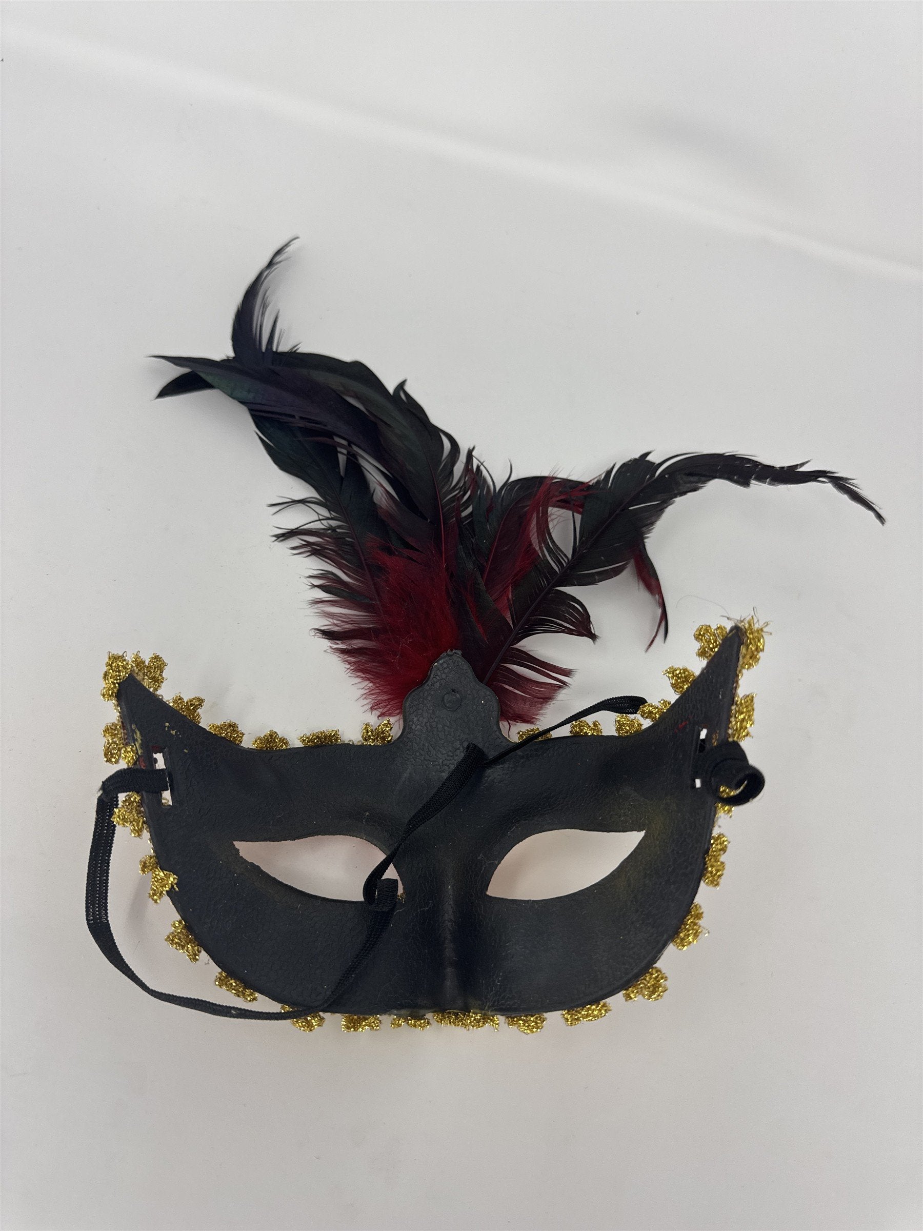 Gold Red Masquerade Mask Women Feather Gemstone Eye Mask Ball Party Costume 6"