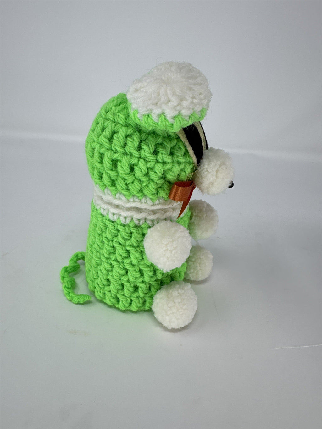 Hand Crocheted Mouse Figurine Green White Amigurumi Animal 5.5" Plush Decor