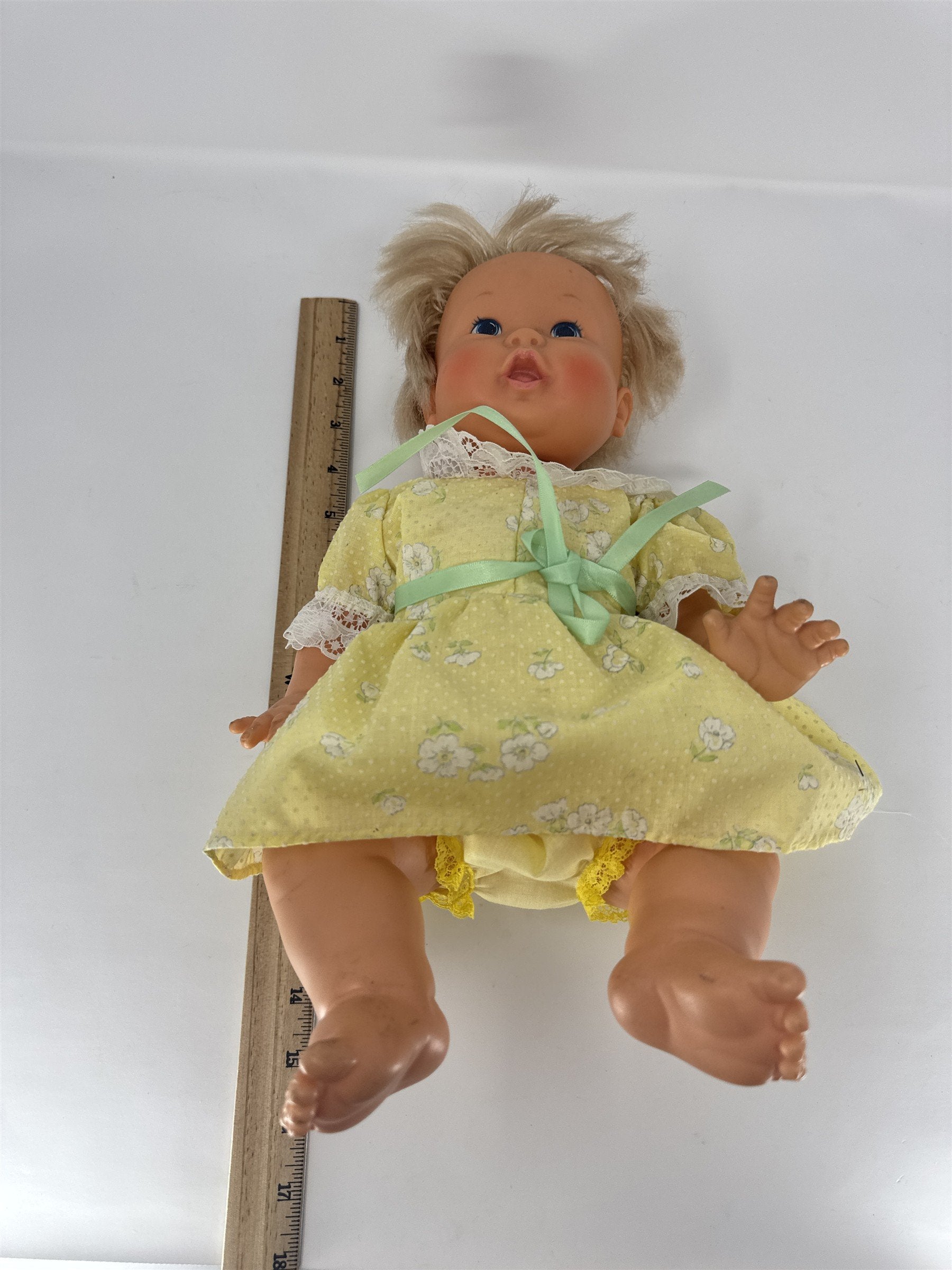 Vintage Blonde Baby Doll Yellow Floral Dress Lace Bloomers Blue Eyes Vtg