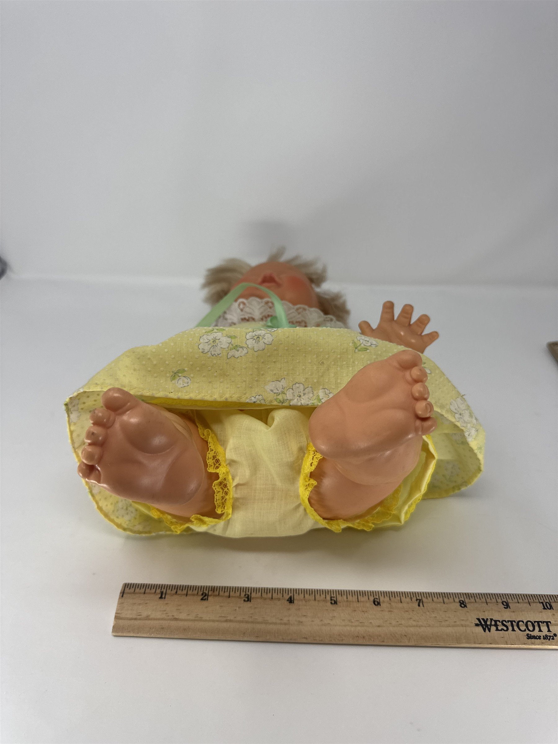 Vintage Blonde Baby Doll Yellow Floral Dress Lace Bloomers Blue Eyes Vtg