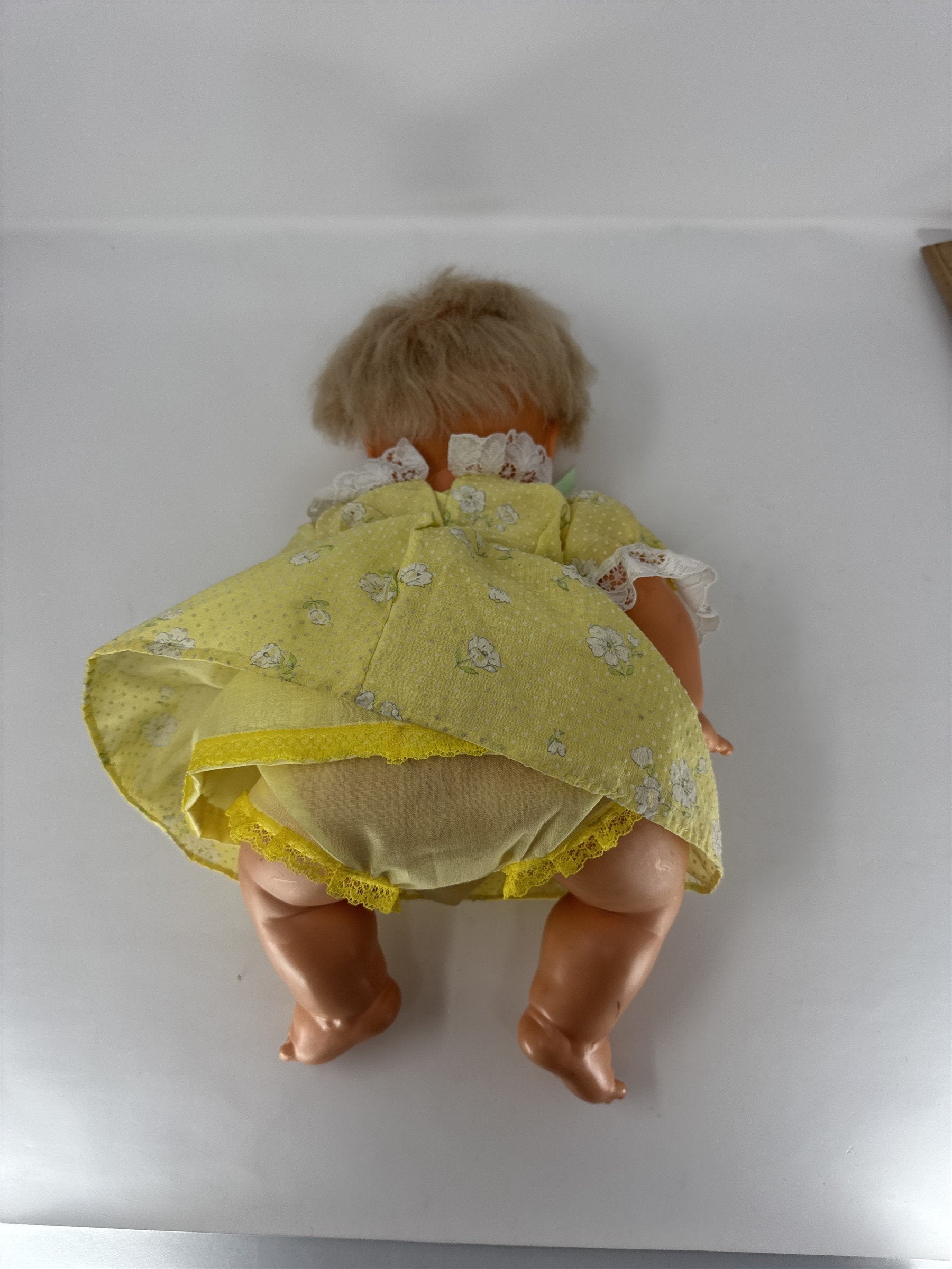 Vintage Blonde Baby Doll Yellow Floral Dress Lace Bloomers Blue Eyes Vtg