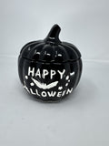Ashland Black Ceramic Pumpkin Jar Happy Halloween Candy Dish Bat Stars