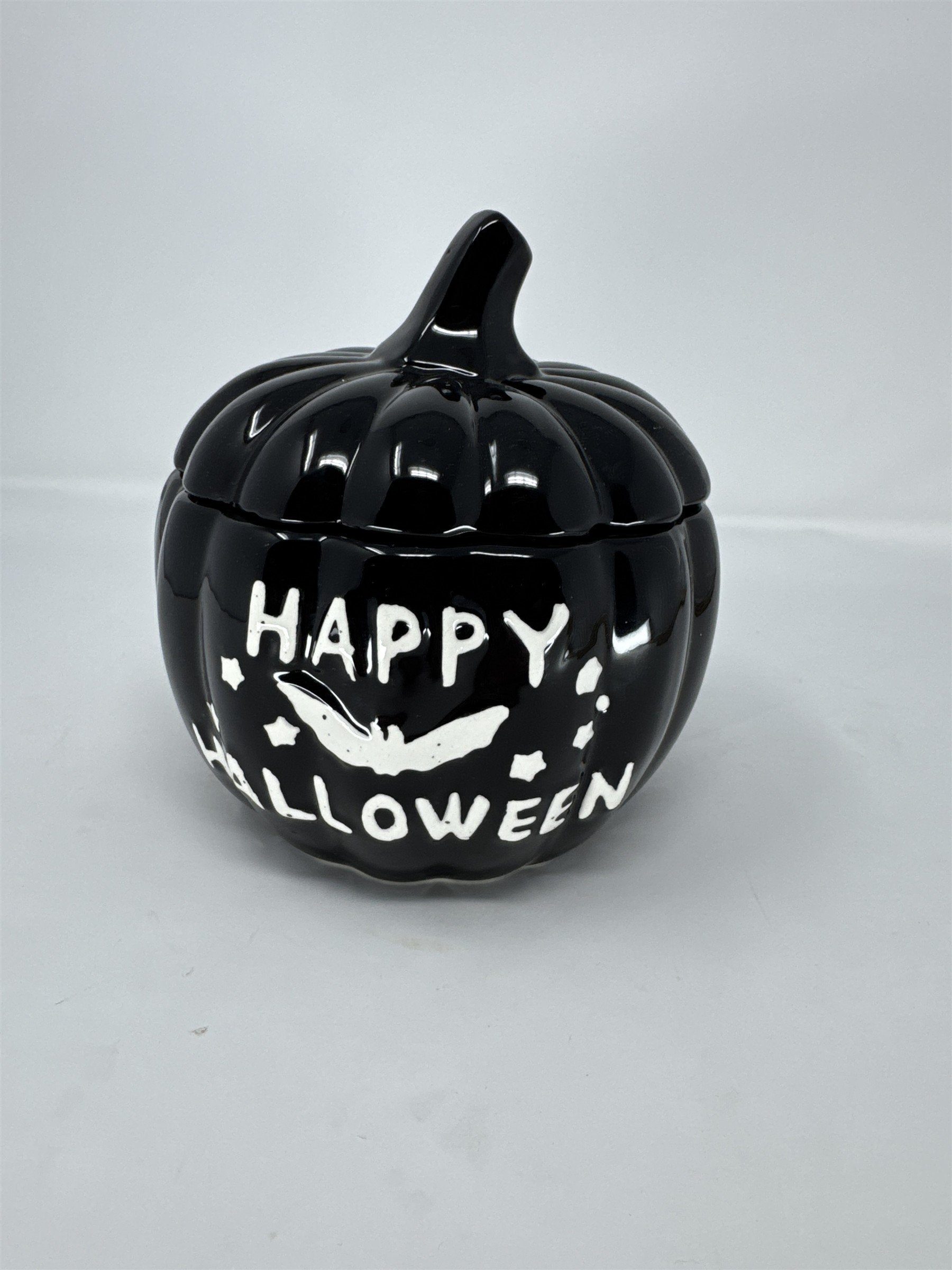 Ashland Black Ceramic Pumpkin Jar Happy Halloween Candy Dish Bat Stars