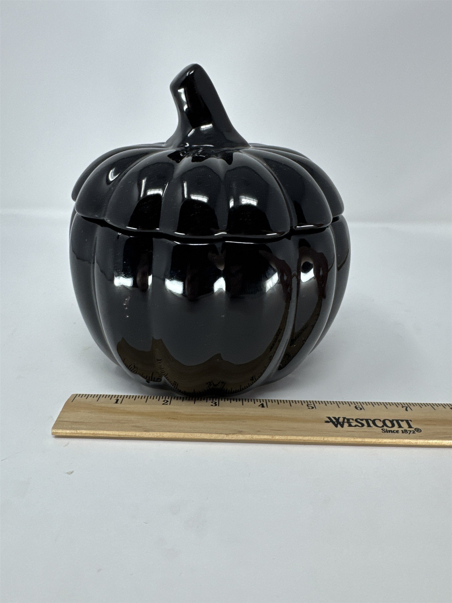 Ashland Black Ceramic Pumpkin Jar Happy Halloween Candy Dish Bat Stars