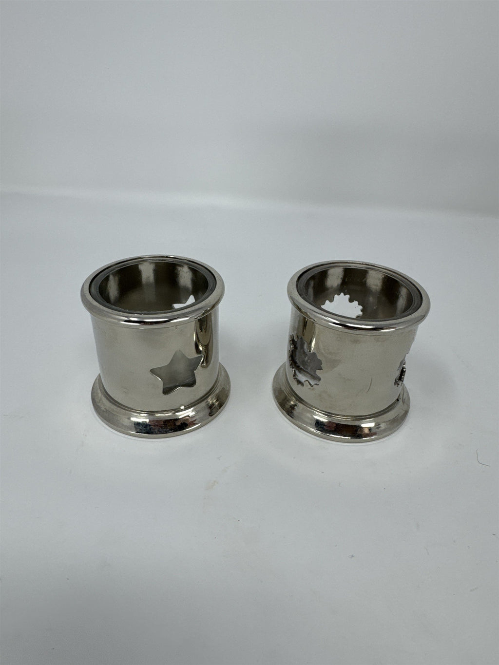 Vtg Silver Metal Votive Candle Holders Set 2 Snowflake Star Cutout Glass