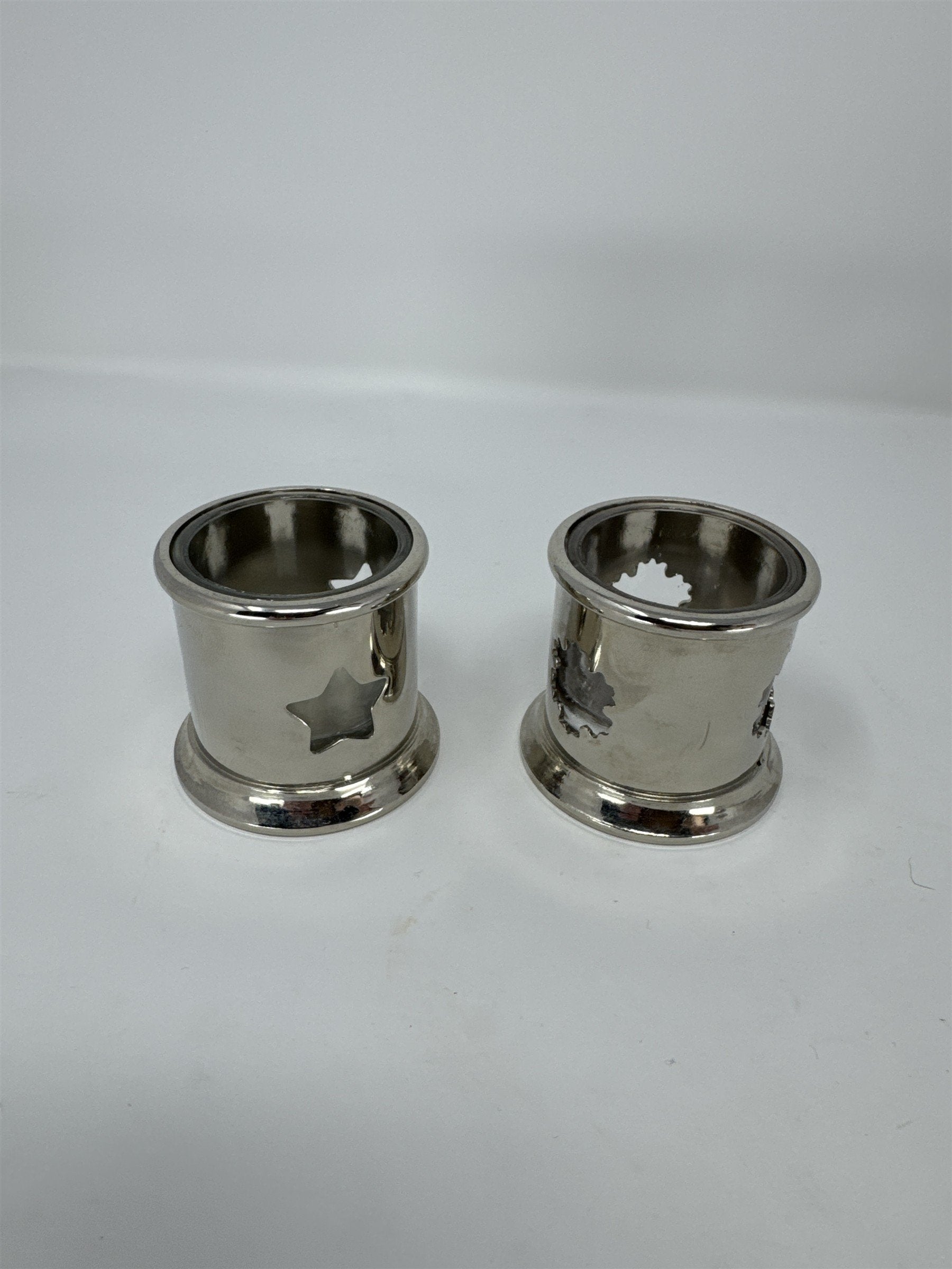 Vtg Silver Metal Votive Candle Holders Set 2 Snowflake Star Cutout Glass