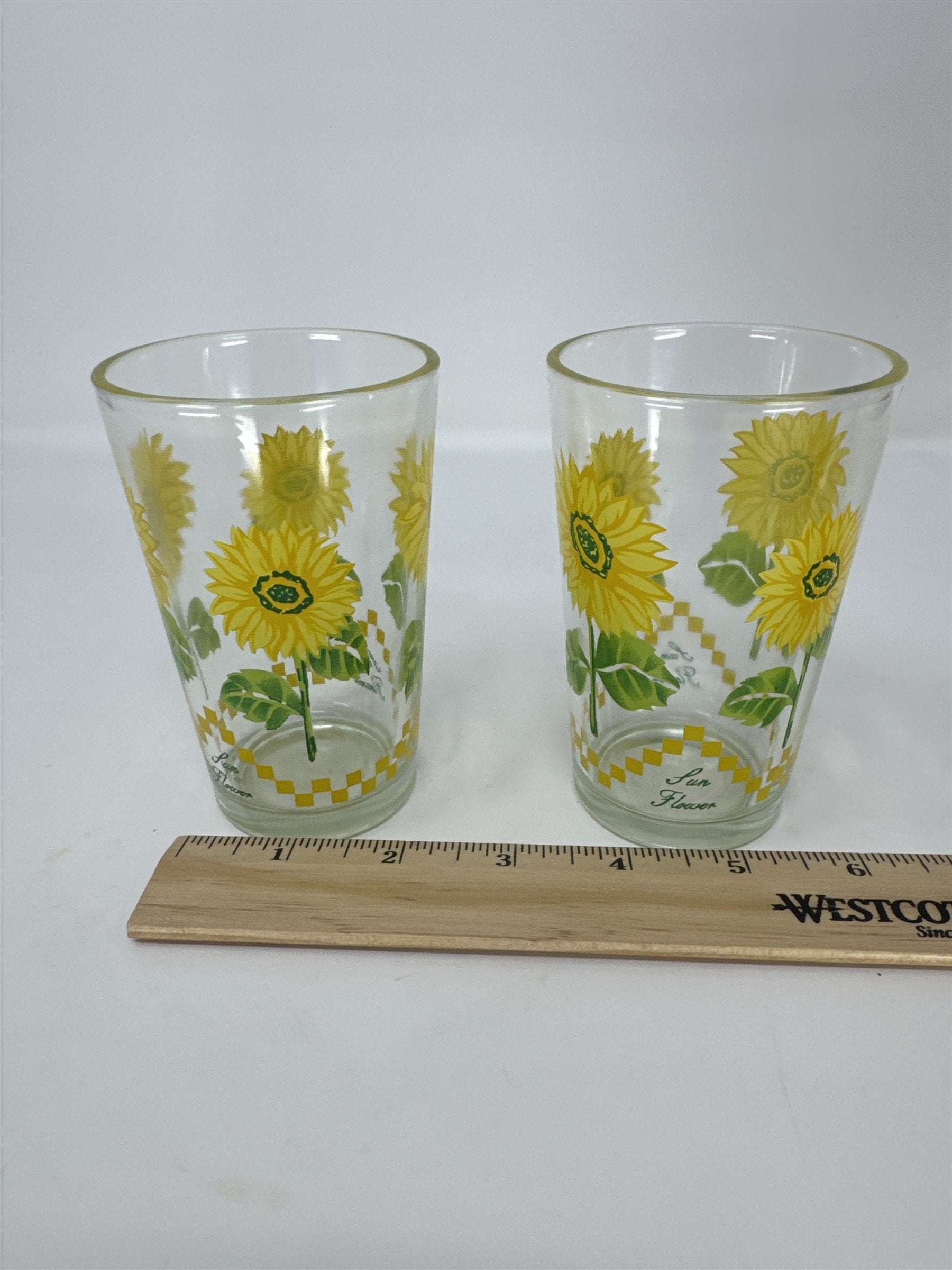 Vtg Sunflower Drinking Glasses Set 2 Yellow Floral Tumblers Kitchen Decor