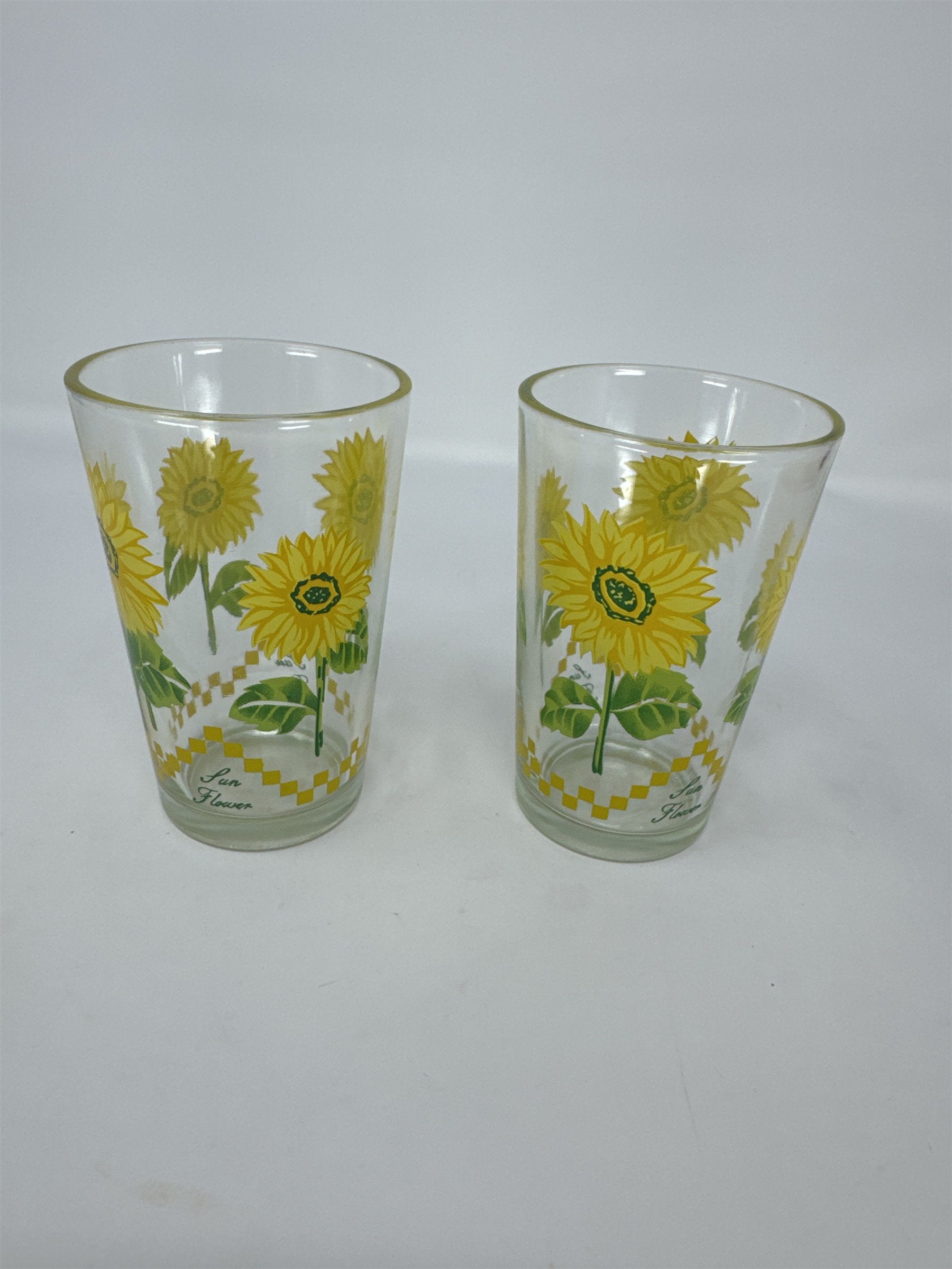Vtg Sunflower Drinking Glasses Set 2 Yellow Floral Tumblers Kitchen Decor