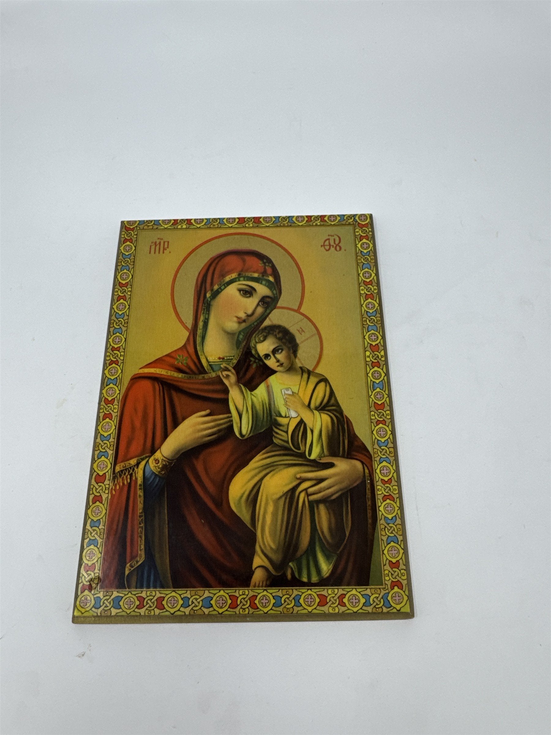 Vintage Virgin Mary & Child Jesus Icon Print Mother of God Theotokos Wood Plaque