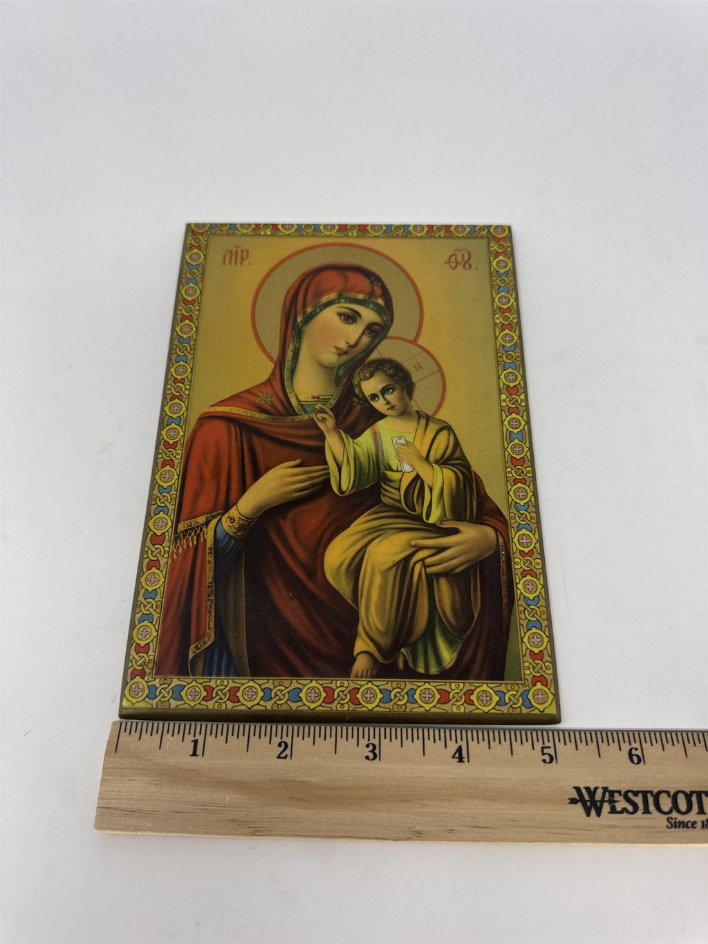 Vintage Virgin Mary & Child Jesus Icon Print Mother of God Theotokos Wood Plaque