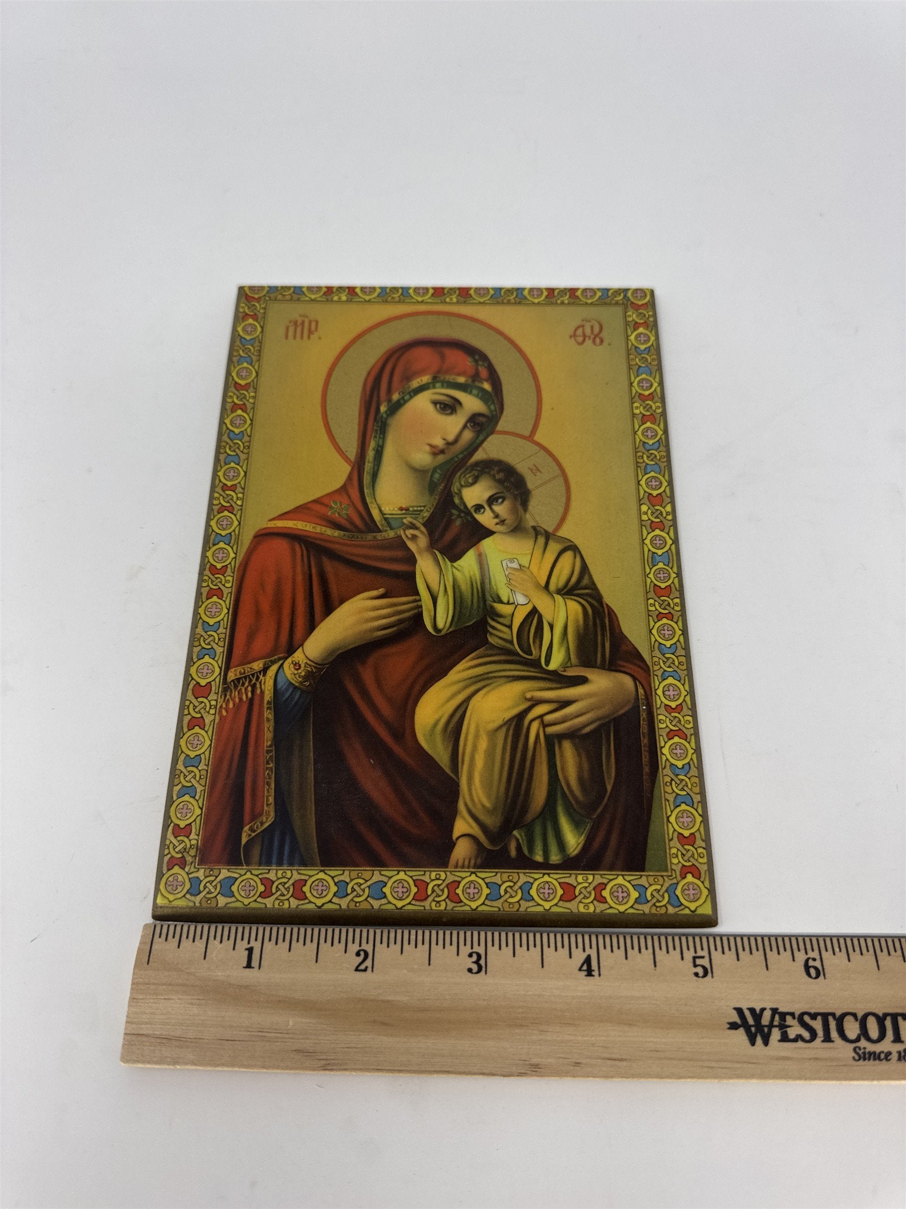 Vintage Virgin Mary & Child Jesus Icon Print Mother of God Theotokos Wood Plaque