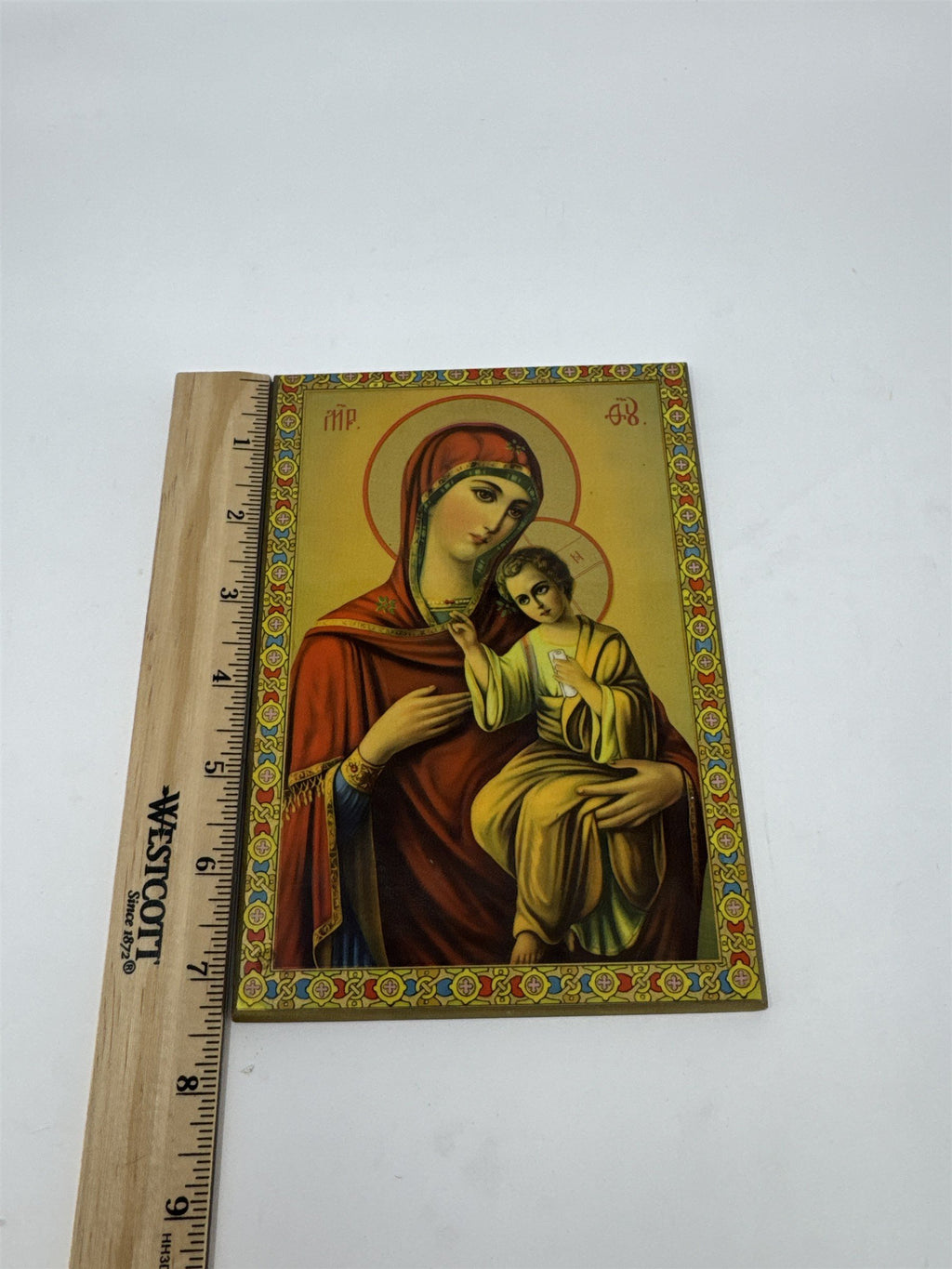 Vintage Virgin Mary & Child Jesus Icon Print Mother of God Theotokos Wood Plaque
