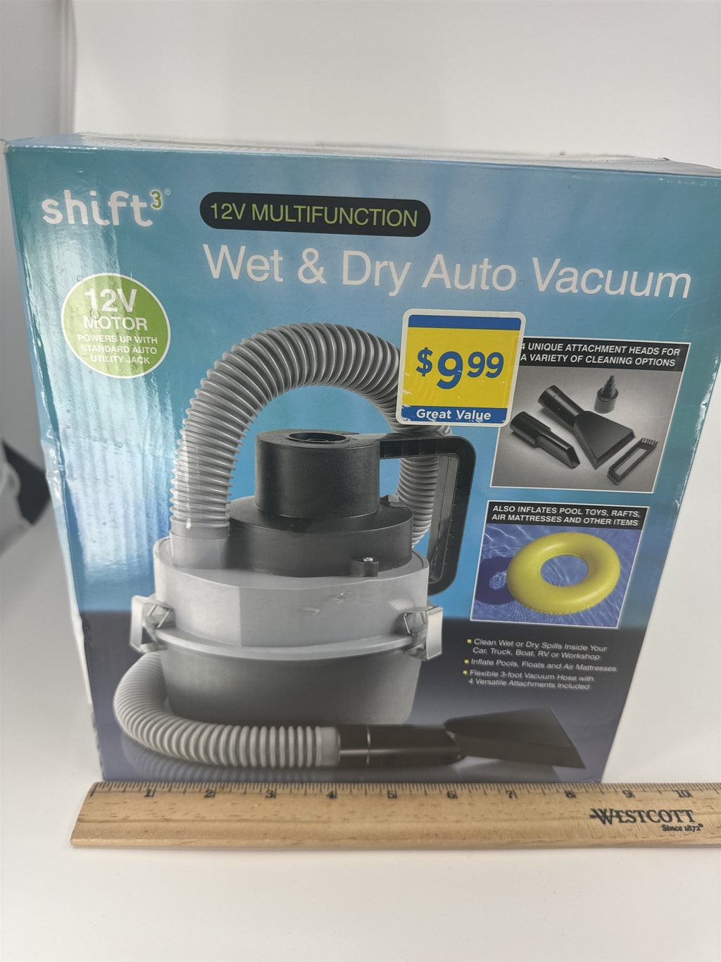 Shift3 12V Wet & Dry Car Vacuum & Inflator Portable Auto Detailer with 4 Tips