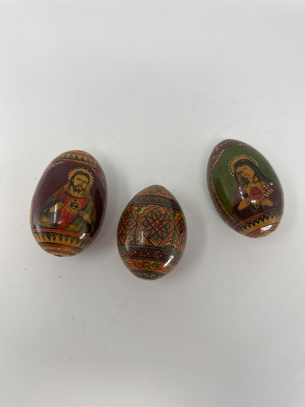 Set of 3 Russian Orthodox Wood Easter Eggs Hand Painted Jesus Mary Religious Ico